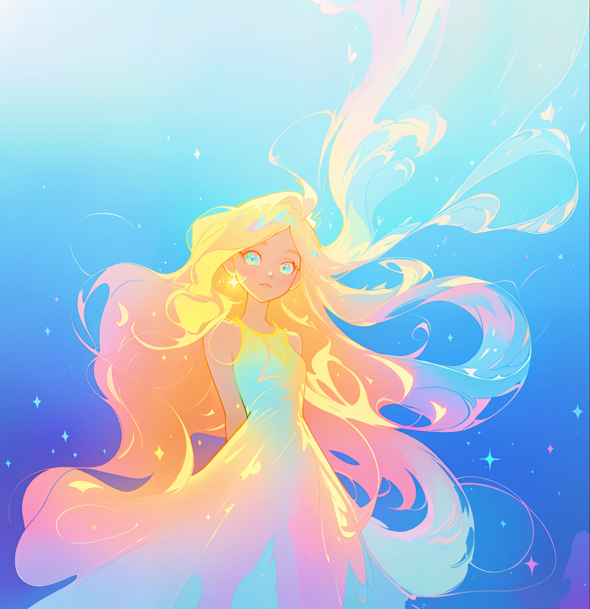 beautiful anime girl in colorful liquid dress, vibrant pastel colors, (colorful), magical lights, long flowing colorful hair, sparkling lines of light, inspired by Glen Keane, inspired by Lois van Baarle, disney art style, by Lois van Baarle, glowing aura around her, by Glen Keane, jen bartel, glowing lights! digital painting, flowing glowing hair, glowing flowing hair, beautiful digital illustration, fantasia background, whimsical, magical, fantasy, beautiful face, ((masterpiece, best quality)), intricate details, highly detailed, sharp focus, 8k resolution, sparkling detailed eyes, liquid watercolor