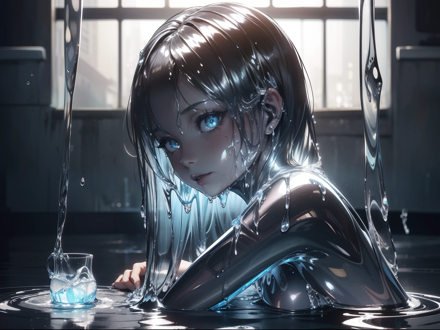 teens girl　(Cinematic Digital Artwork: 1.3), High quality, masutepiece, of the highest quality, Super Detail, Illustration, [4K Digital Art]、(Moody lighting:1.2), depth of fields, Bokeh, 4K,、Cold look、silber hair、seductiv、((Liquid metal body))、(((The whole body is wet with sticky liquid metal)))、Silver Bed、Silver Seat、Subduction into liquid metal、sprawl
