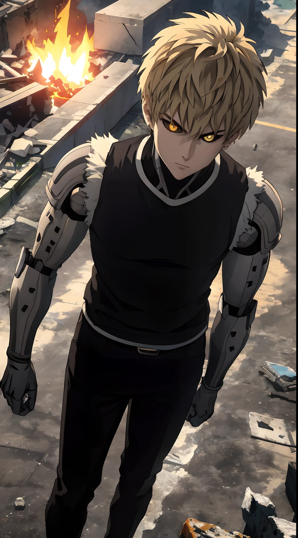 "(masterpiece, best quality: 1.4), colorful portrait, high contrast, genos black shirt, sleeveless, black pants, mechanical arms, bright, bright eyes, bright hands, standing on a destroyed City, flame everywhere, up down view, long rang, wide range shot."