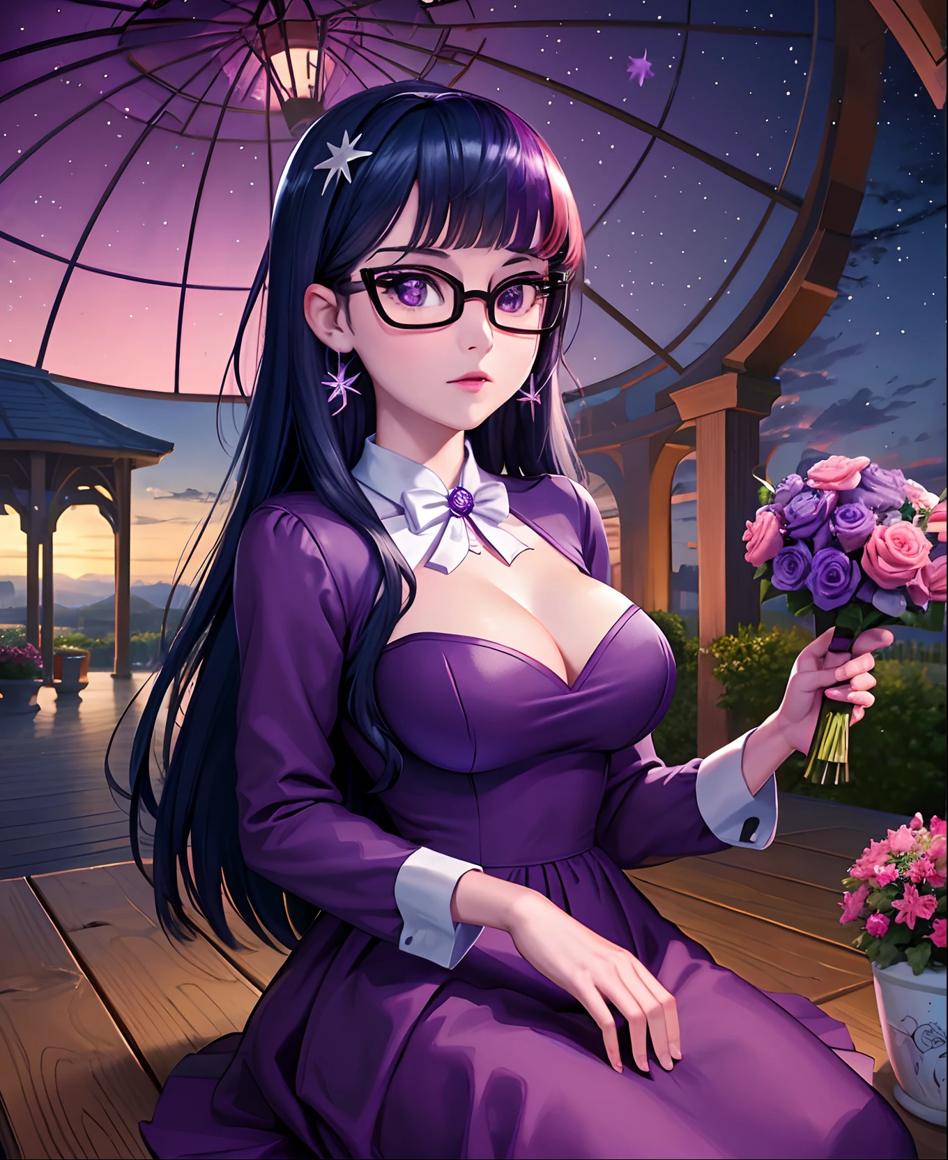 Twilight Sparkle, twilight Sparkle from my little pony, twilight Sparkle in the form of a girl, in a purple dress, big breasts, lush breasts, voluminous breasts, elastic breasts, closed breasts, in a garden, star earrings, evening, purple dress, long sleeves, purple sky, flowers surrounding her, holding lots of flowers, sakura trees, petals falling, garden lights, purple lights, sitting under a tree, twilight sky, big black glasses, holding a bouquet of flowers, ((( in a white gazebo )))