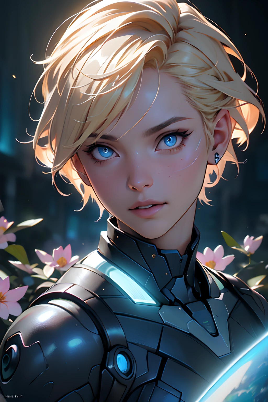 Highly detailed RAW color photo, beautiful young woman, short blonde hair, dynamic pose, (wide hips), (detailed skin), (detailed lips), (detailed eyes), (cosmic: 1.4), (necropolis: 1.1), (science fiction setting) (detailed face), detailed eyes, chromatic aberration, depth of field, soft lighting, masterpiece, best quality, intricate, (lens reflection: 0.7), (flowering: 0.7), particle effects, ray tracing,  tone mapping, highly detailed, concept art, smooth, sharp focus, dramatic lighting, highly detailed art, cinematic, hyper-realistic painting, trending on Artstation, 8K, amazing shadows, realistic, (highly detailed background: 1.2), mid-journey art