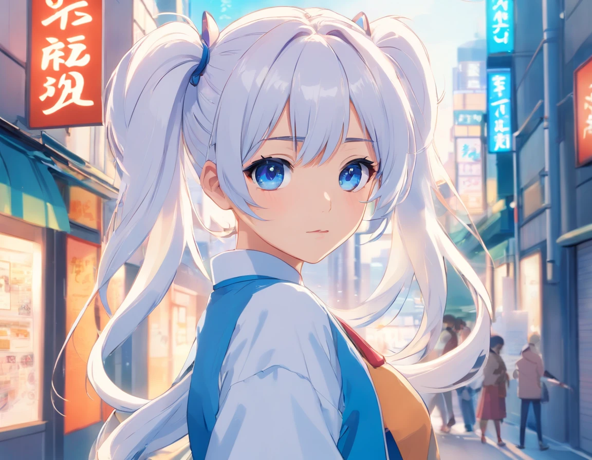 White color hair,Double ponytail curls,blue color eyes,White ta,Beth,A bustling city street,Shy-eyed eyes,is shy,A flush on the face,In a Japanese anime style