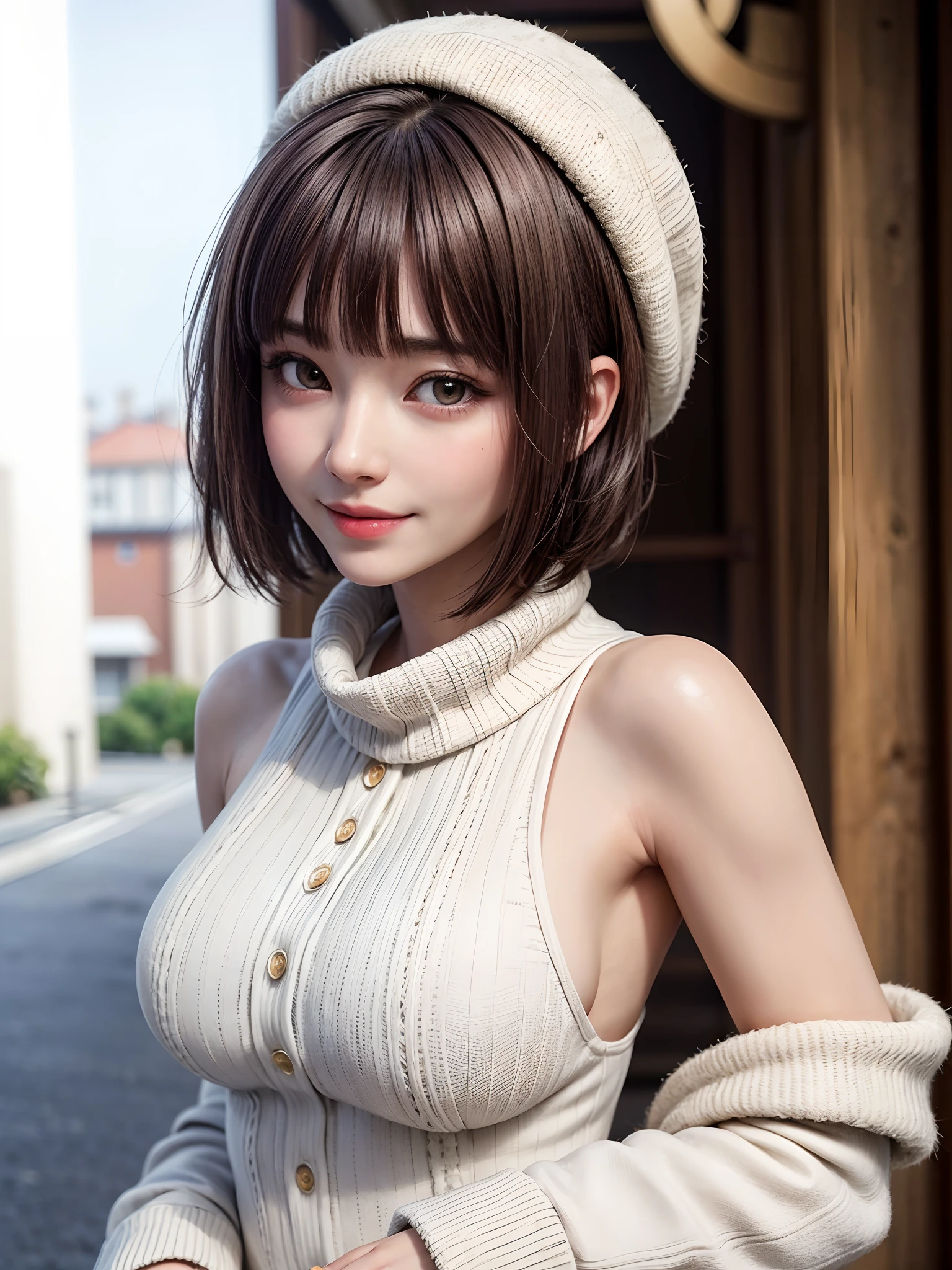 (masterpiece, top-quality、Beautiful woman full of adult charm8),1girl in, 独奏, A dark-haired, scarf, Hats,, realisitic, looking at the viewers, black eyes of light color, shorth hair, coat, Winter clothes, White headscarf, s lips, lipgloss,bangss,, a closed mouth, The upper part of the body、big eye、Lashes、((Road system in Italy))、((Shorthair with bangs、big eye、Put very strong highlights in your students、very Bigger breasts、gazing at viewer、Very beautiful beauty、Put your ears out、long neck、little smiling、Close your mouth and smile)))、28 year old、Cute supermodels