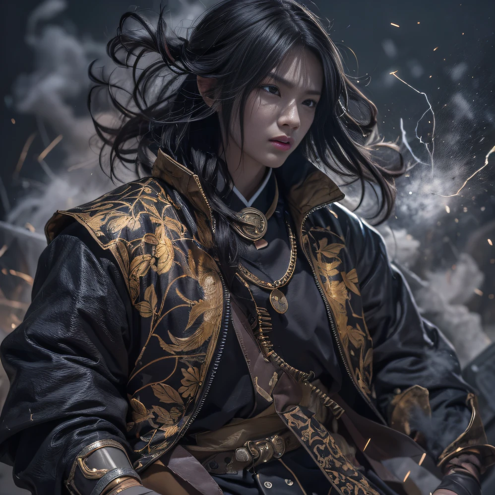 (末日核废墟)eyes filled with angry,He clenched his fists,Rush up,Deliver a fatal blow to your opponent,full bodyesbian,Full Body Male Mage 32K(tmasterpiece,k hd,hyper HD,32K)Long flowing black hair,Campsite size,zydink, a color, patriot (废墟), (Linen batik scarf), Angry fighting stance, looking at the ground, Batik linen bandana, Chinese python pattern long-sleeved garment, (Abstract propylene splash:1.2), Dark clouds lightning background,Flour flies(realisticlying:1.4),Black color hair,Flour fluttering,Background fog, A high resolution, the detail, RAW photogr, Sharp Re, Nikon D850 Film Stock Photo by Jefferies Lee 4 Kodak Portra 400 Camera F1.6 shots, Rich colors, ultra-realistic vivid textures, Dramatic lighting, Unreal Engine Art Station Trend, cinestir 800,Flowing black hair,(((Male mage))),The male mage was furiou人s,