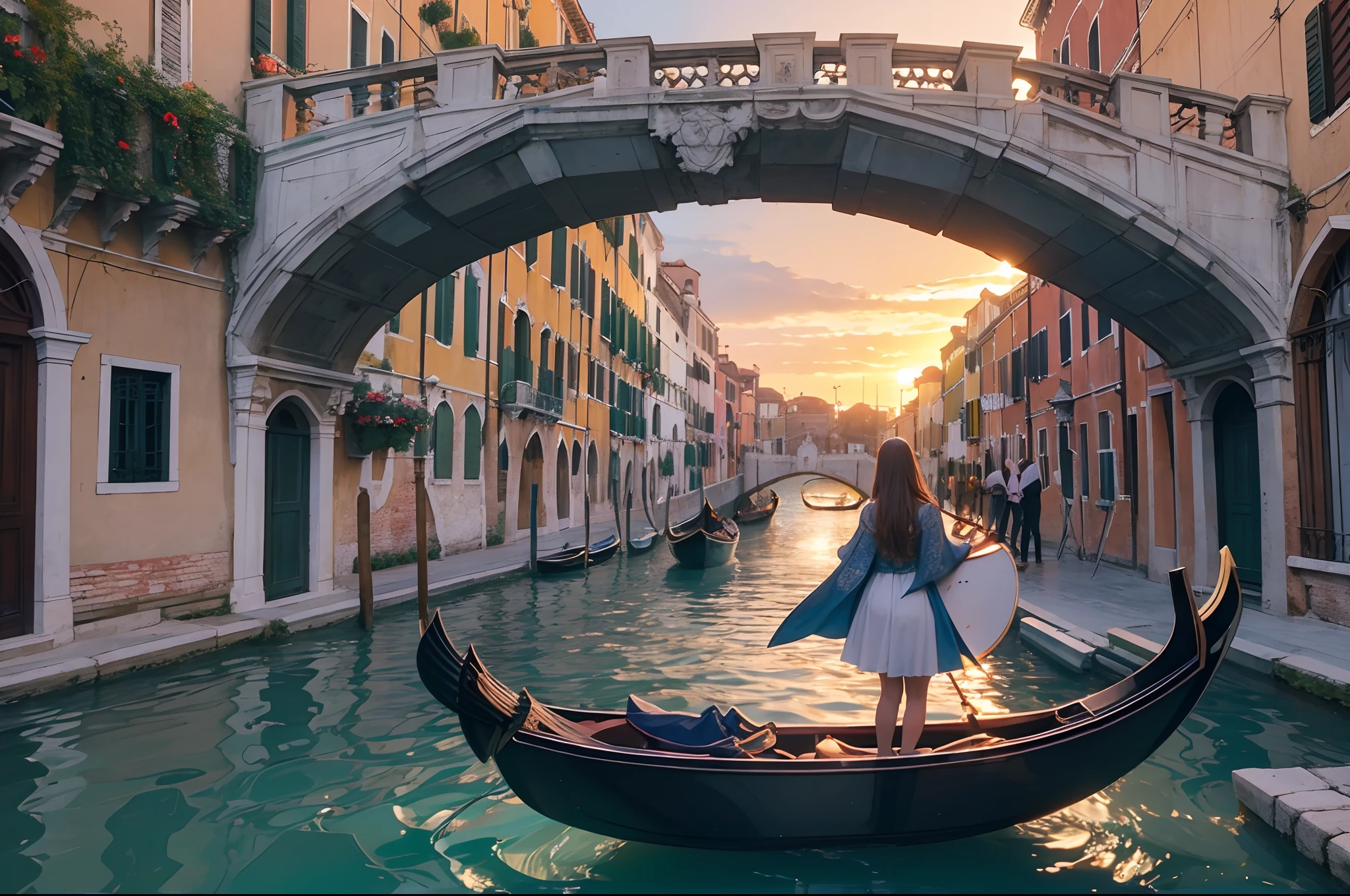 Gondolieri in Venezia, paddling swowly their gondole in a channel, while a woman warching them from a bridge. Dreamy composition. Sunset, blue hour.