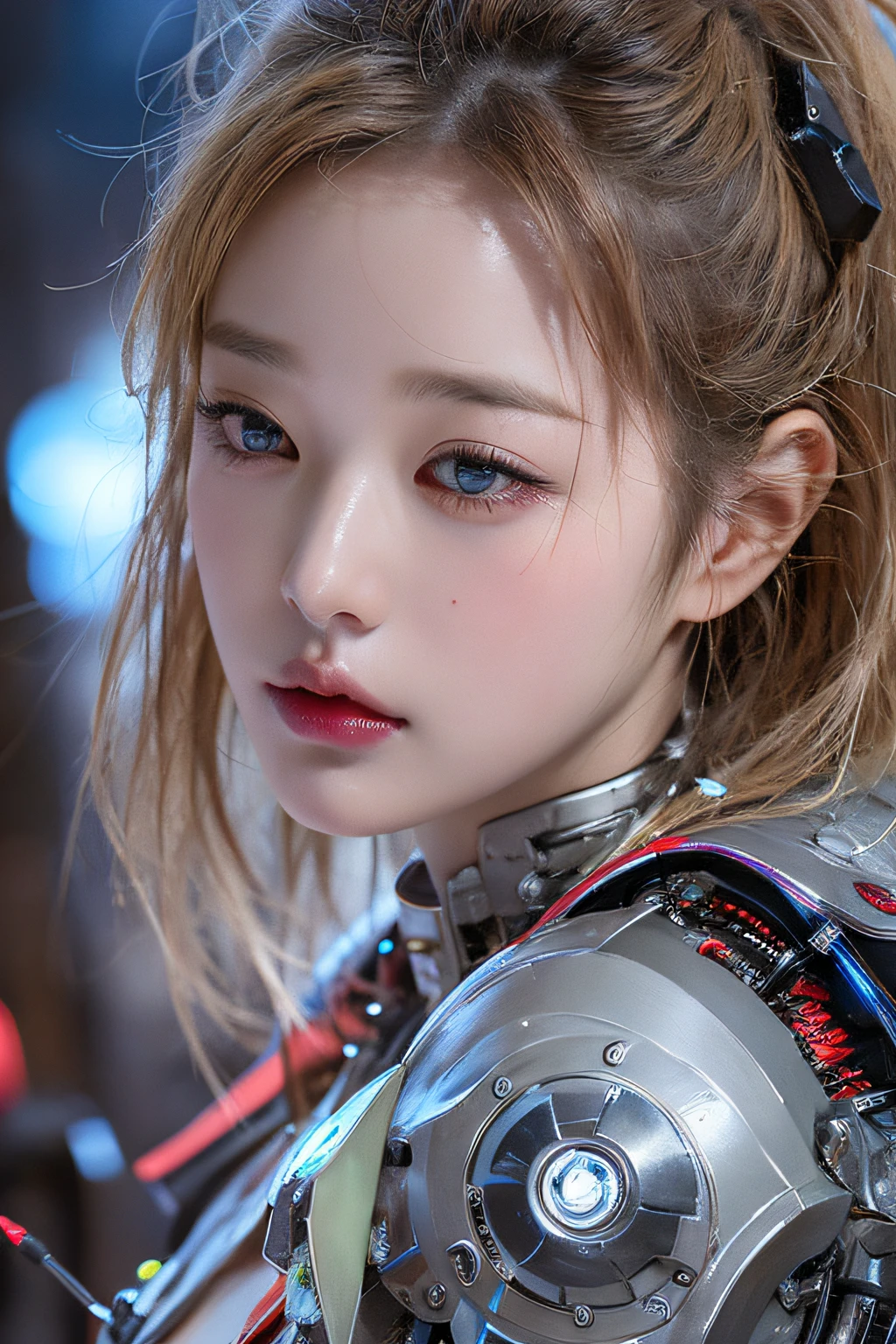 Top Quality, Masterpiece, Ultra High Resolution, (Photorealistic: 1.4), Raw Photo, 1 Girl, Blonde Hair, Glossy Skin, 1 Mechanical Girl, (Ultra Realistic Detail)), Portrait, Global Illumination, Shadows, Octane Rendering, 8K, Ultra Sharp, Big, Cleavage Exposed Raw Skin, Metal, Intricate Ornament Details, Korea Details, Very intricate details, realistic light, CGSoation trend, purple eyes, glowing eyes, facing the camera, neon details, mechanical limbs, blood vessels connected to the tube, mechanical vertebrae attached to the back, mechanical cervical attachment to the neck, sitting, wires and cables connecting to the head, gundam, small LED lamps,