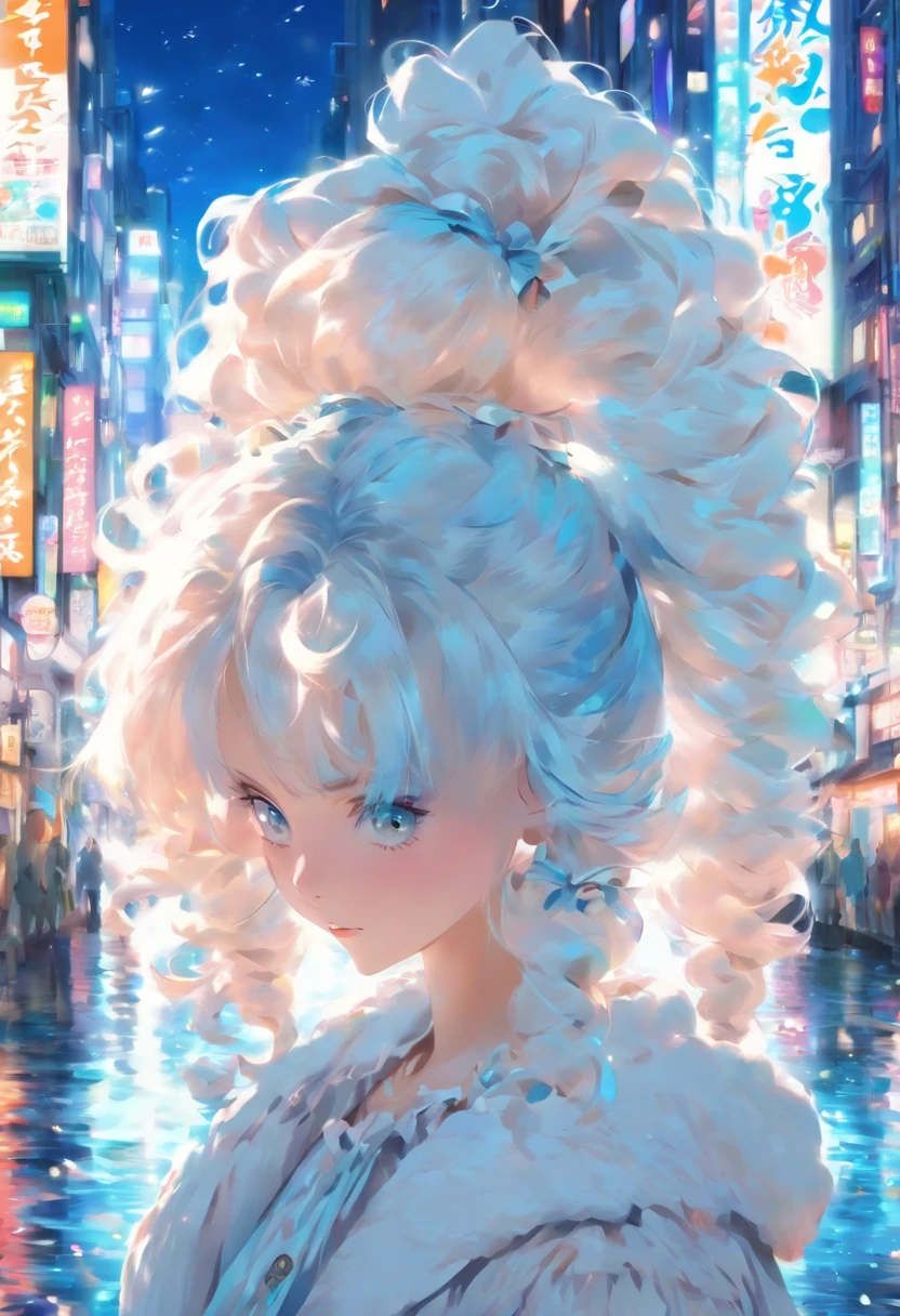 White color hair,Double ponytail curls,blue color eyes,White ta,Beth,A bustling city street,Shy eyes,is shy,A flush on the face,In a Japanese anime style
