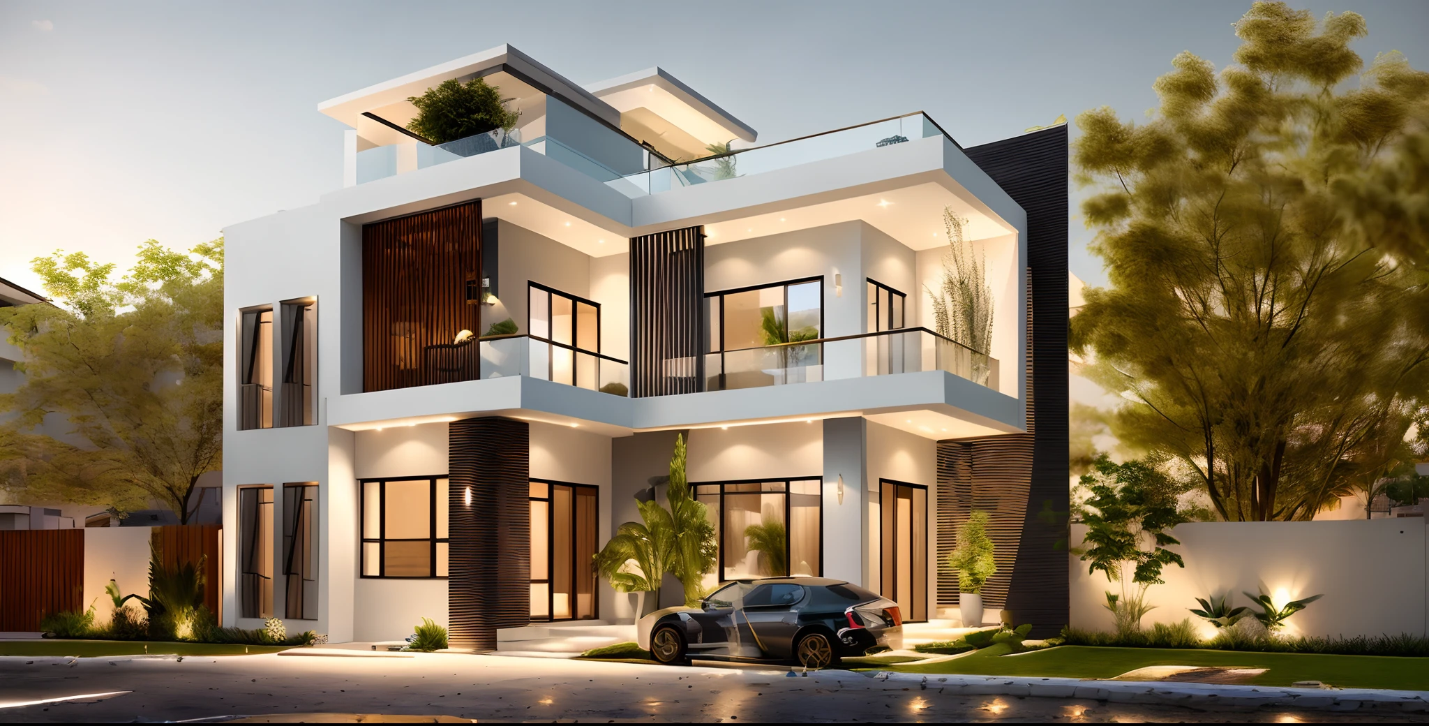 RAW photo,Masterpiece, high quality, best quality, authentic, super detail,
exterior, house style modern on the garden with glass windows, glass doors,stains, balcony, railing glass
the style of dark gray and bronze,bold black outlines, clean lin,modernism,Realistic reflexes,realistic light, beautiful summer sky, trees, grass
(day:1.1), vivid colour, vray