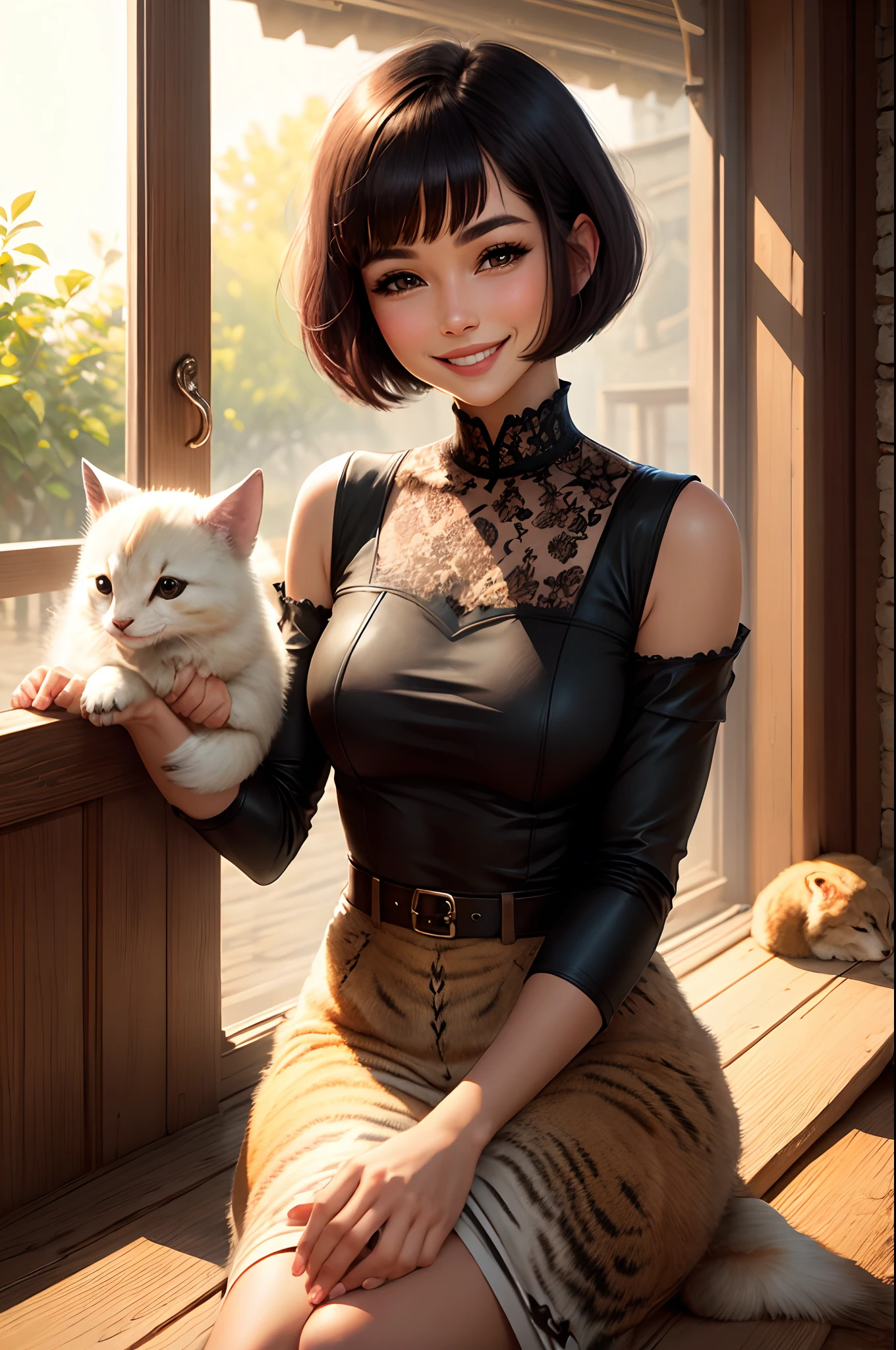 Bob-cut woman touching animals and smiling