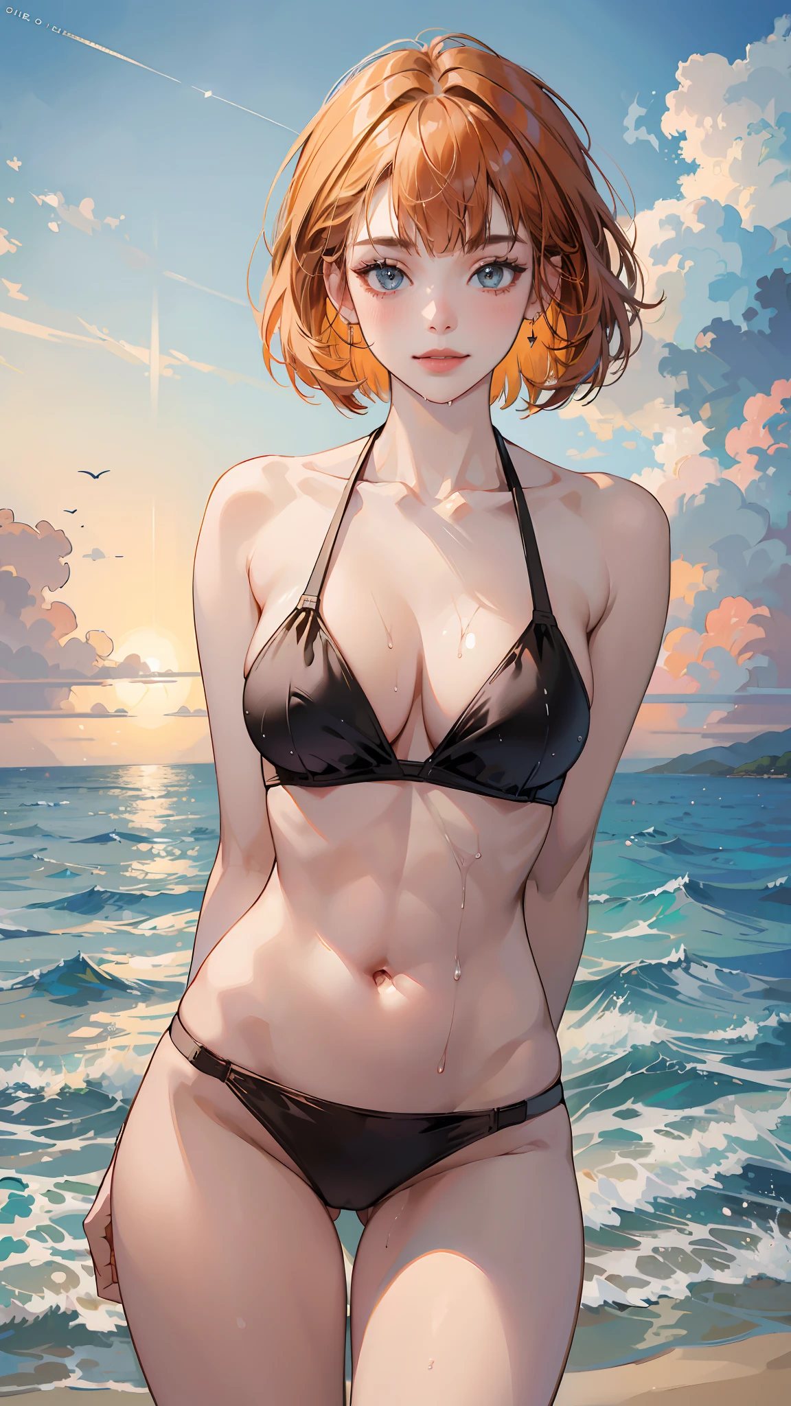 ((((masterpiece, best quality, high resolution)))), (1girl:1.5), orange hair, bob cut, blunt bangs, (black eyes: 1.5), (large breasts: 1.2), cleavage, blush, light smile, parted lips, glow, thighs, bare shoulders, collarbone, narrow waist, cleavage, (beautiful detailed face, beautiful detailed eyes), long slender thighs, perfect eyes, looking at the viewer, seductive looks, seductive pose, arms behind back, beach, seaside, colour patterns bikini, dripping wet