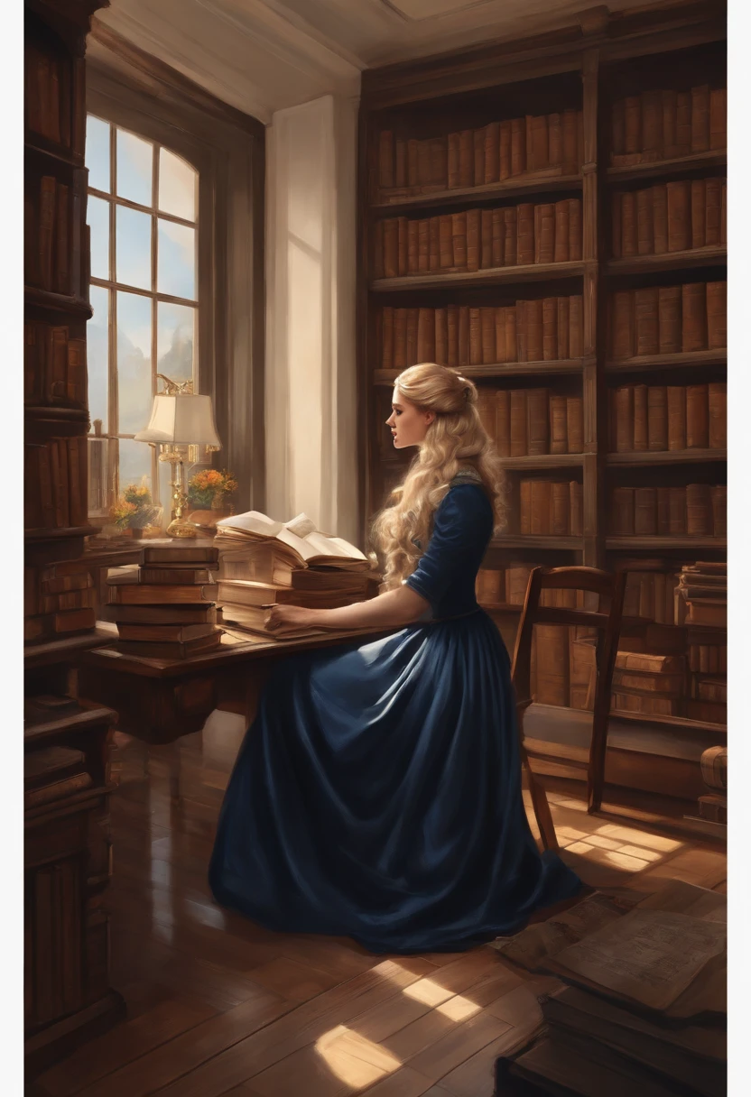 one girls, tall girl white skin beautiful face stern face blue eyes, big eyes, blonde hairstyle ponytail, Coiling hair, black bow, black corset, White Skinny Pants, Dark Blue Cape, jabot, Classic interior, study, Books, Bookcases, Window Curtain Desk, Stacks of documents, Vintage interior, 19th century, DAY TIME, Daylight outside the window