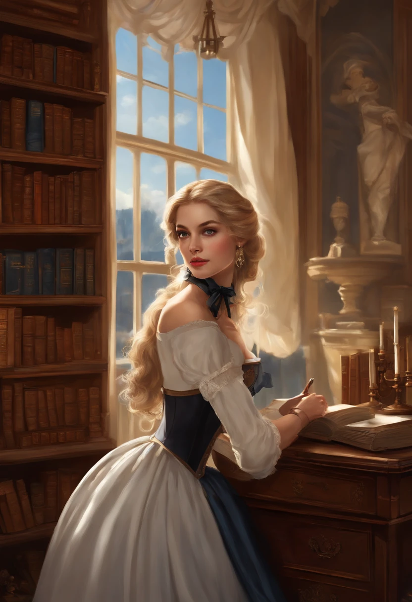 one girls, tall girl white skin beautiful face stern face blue eyes, big eyes, blonde hairstyle ponytail, Coiling hair, black bow, black corset, White Skinny Pants, Dark Blue Cape, jabot, Classic interior, study, Books, Bookcases, Window Curtain Desk, Stacks of documents, Vintage interior, 19th century, DAY TIME, Daylight outside the window