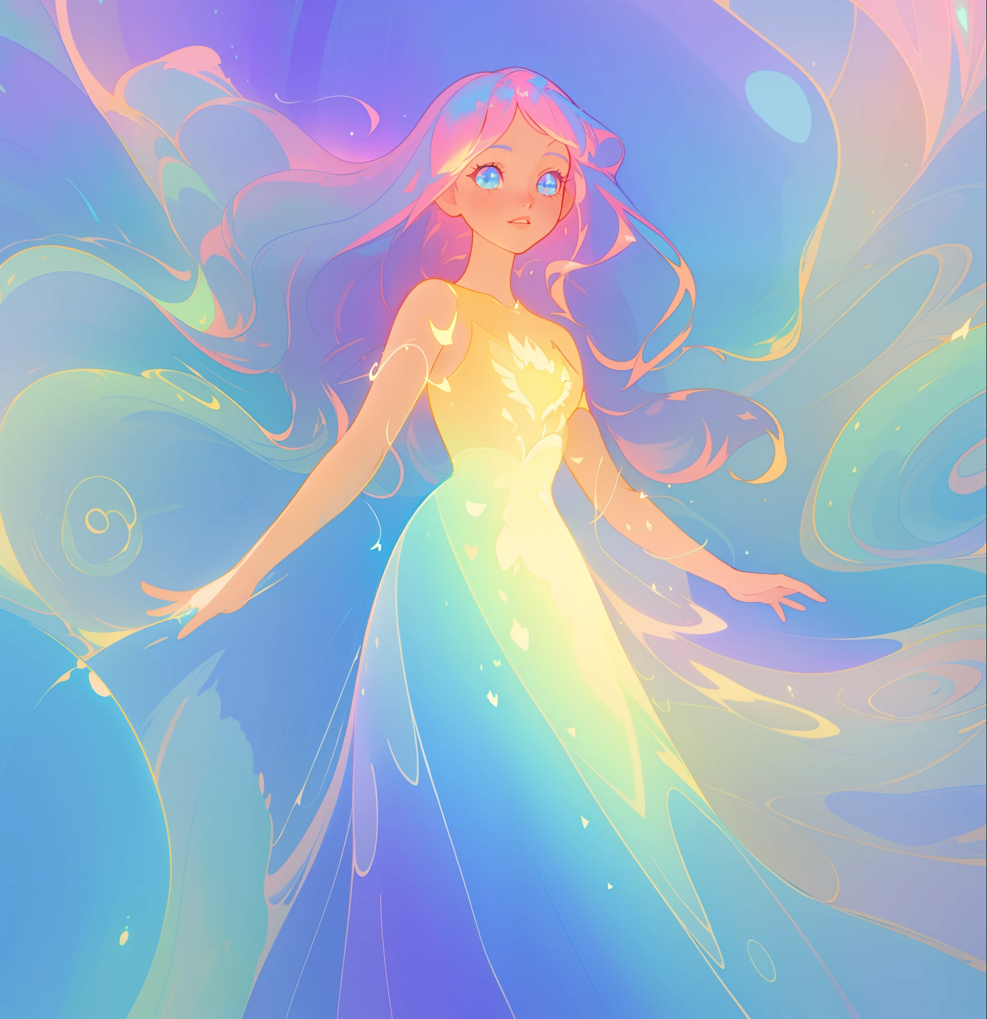 beautiful anime girl in colorful liquid dress, vibrant pastel colors, (colorful), magical lights, colorful long hair made of liquid light, sparkling lines of light, inspired by Glen Keane, inspired by Lois van Baarle, disney art style, by Lois van Baarle, glowing aura around her, by Glen Keane, jen bartel, glowing lights! digital painting, flowing glowing hair, glowing flowing hair, beautiful digital illustration, fantasia background, whimsical, magical, fantasy, beautiful face, ((masterpiece, best quality)), intricate details, highly detailed, sharp focus, 8k resolution, sparkling detailed eyes, liquid watercolor