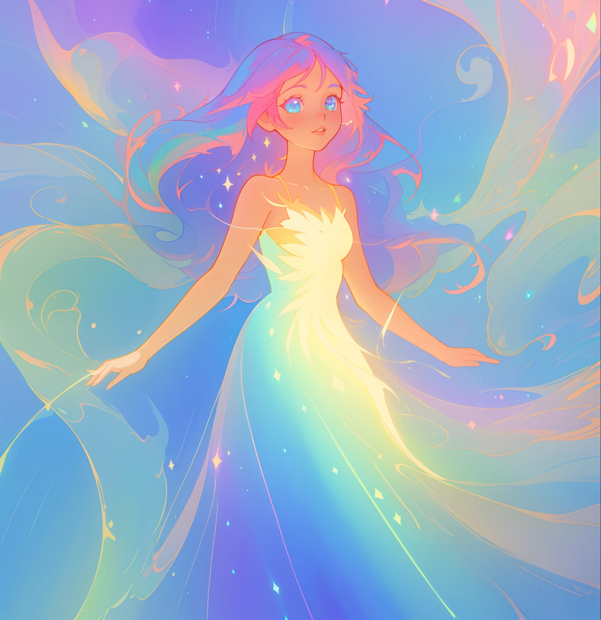 beautiful anime girl in colorful liquid dress, vibrant pastel colors, (colorful), magical lights, colorful long hair made of liquid light, sparkling lines of light, inspired by Glen Keane, inspired by Lois van Baarle, disney art style, by Lois van Baarle, glowing aura around her, by Glen Keane, jen bartel, glowing lights! digital painting, flowing glowing hair, glowing flowing hair, beautiful digital illustration, fantasia background, whimsical, magical, fantasy, beautiful face, ((masterpiece, best quality)), intricate details, highly detailed, sharp focus, 8k resolution, sparkling detailed eyes, liquid watercolor