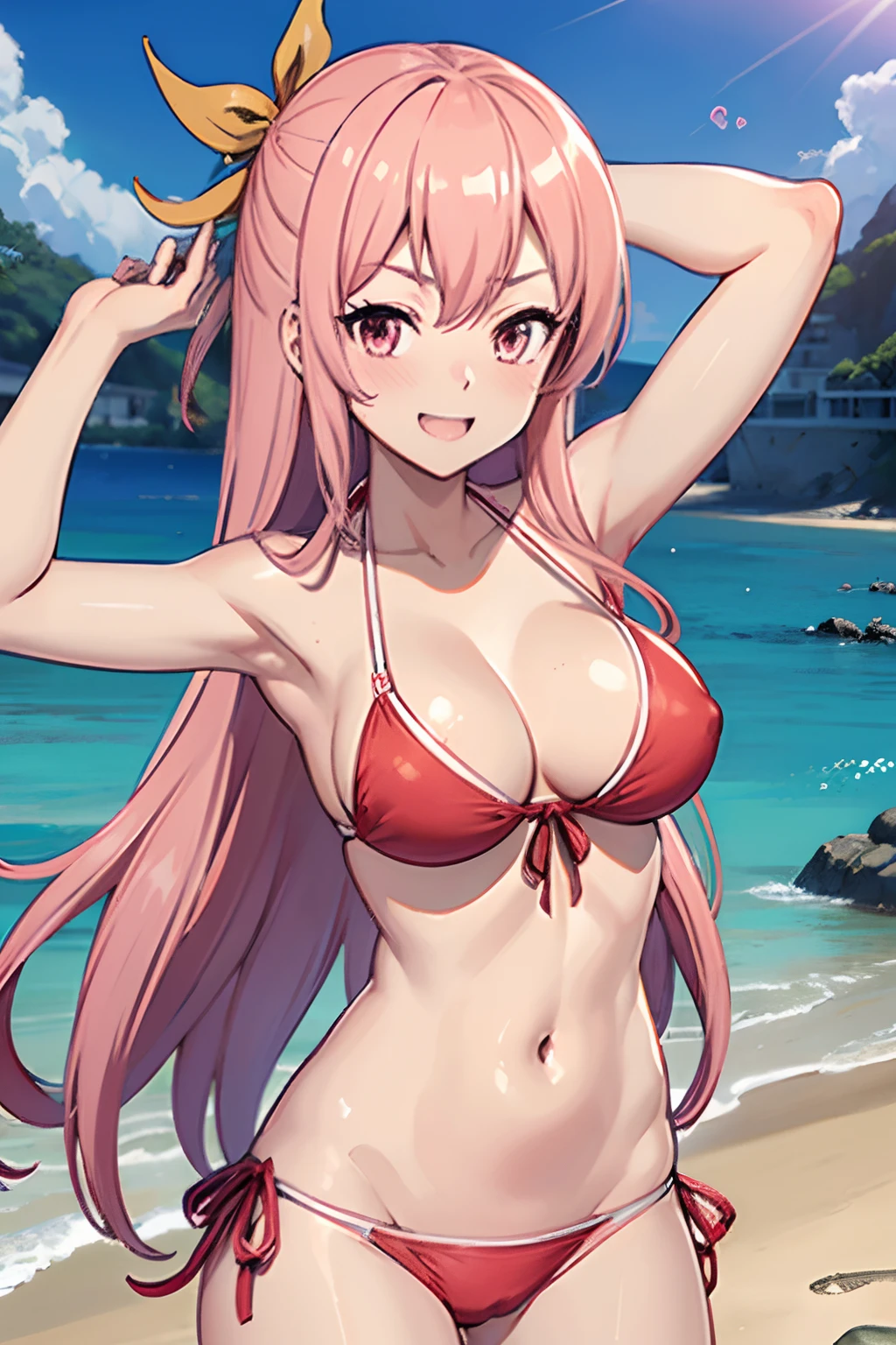 (NSFW:1.2),(Best Quality:1.5, hight resolution,masutepiece、high-level image quality, 4K, Detailed Lighting, Shaders),Fujitakana,Long hair,Pink hair,(The bikini:1.4),embarrassed、A smile、(the beach:1.4)