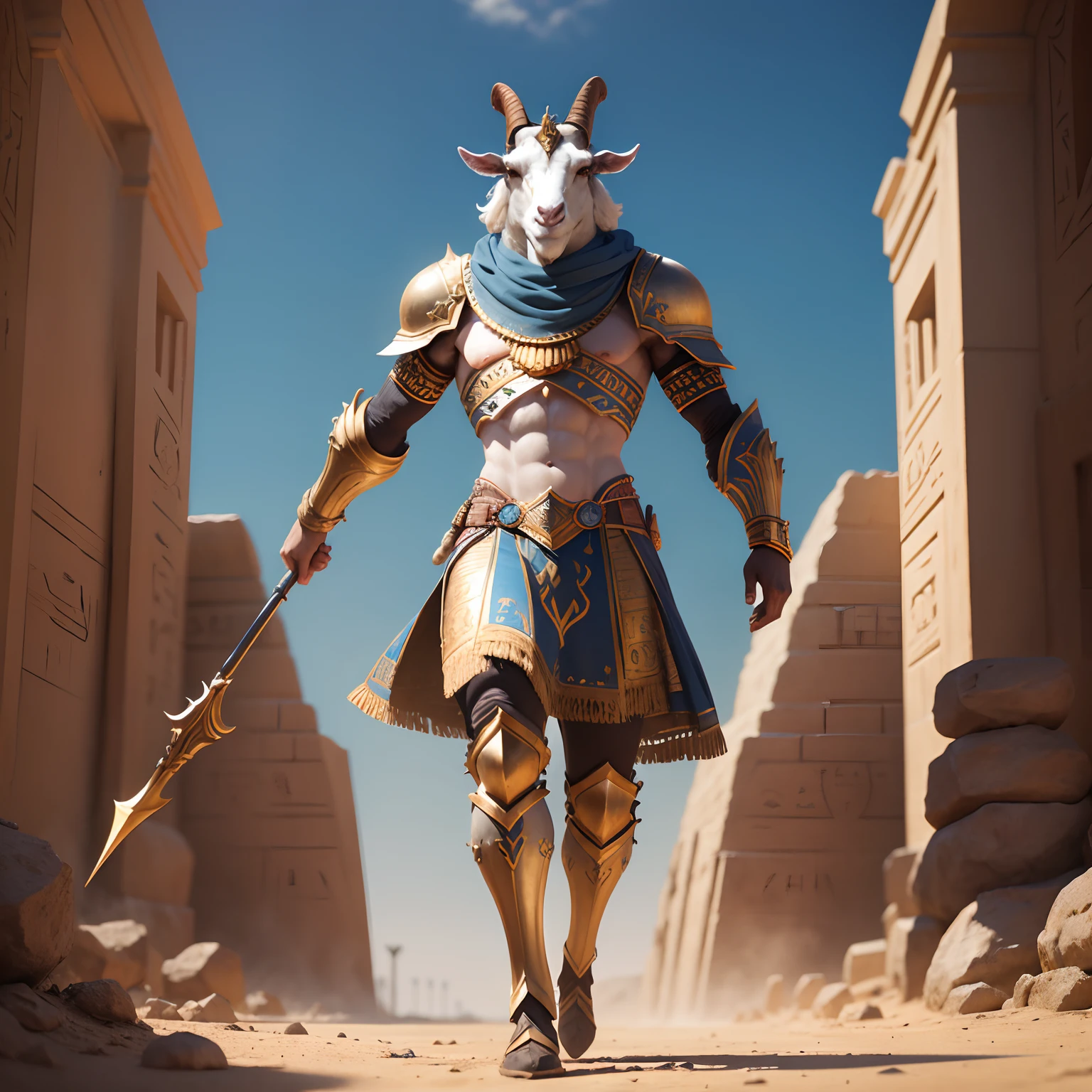 Egypt goat warrior in realistic 4K armor, full entire body,Super Detailed, Vray Display, Unrealistic engine, Midjourney Art Style.