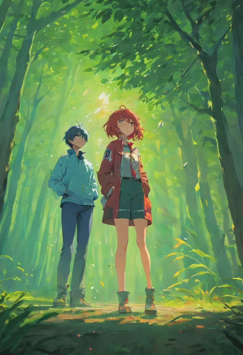 Ryuko Matoi from Kill La Kill smoking a cigarette beneath a tree, Shinji Ikari from Evangelion also standing under the tree, it is raining around the tree, Shinji is standing next to Ryuko beneath the tree smiling, Shinji is holding Ryuko's hand,