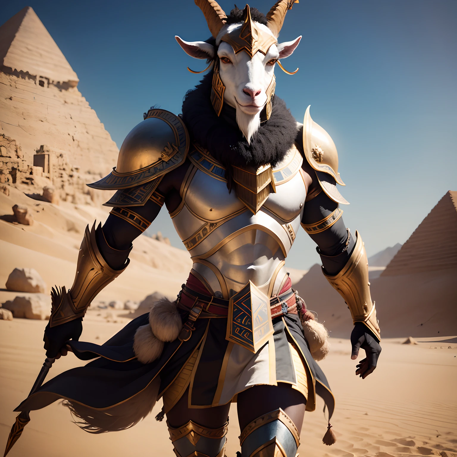 Egypt goat warrior in realistic 4K armor, full entire body,Super Detailed, Vray Display, Unrealistic engine, Midjourney Art Style.