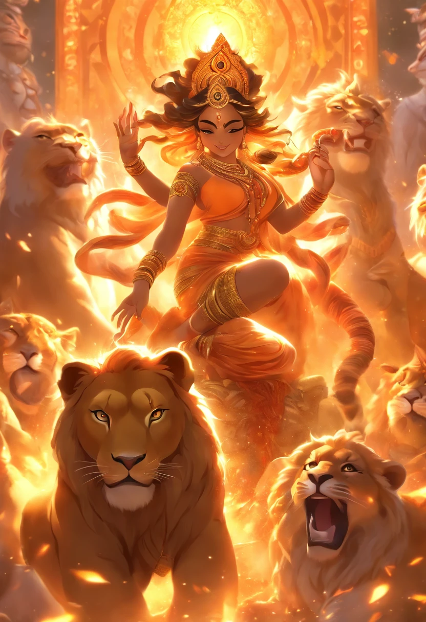 (((Hindu goddess))) best quality, ultra-high resolution, 4K detailed CG, master piece, Durga, Indian woman, Hindu mythology, sitting on a lion, ((sitting on the lion) ) Hindu, aesthetic, beautiful, image centered on the screen
