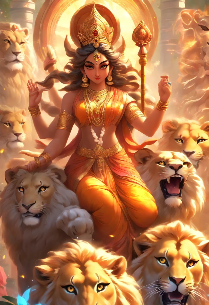 (((Hindu goddess))) best quality, ultra-high resolution, 4K detailed CG, master piece, Durga, Indian woman, Hindu mythology, sitting on a lion, ((sitting on the lion) ) Hindu, aesthetic, beautiful, image centered on the screen