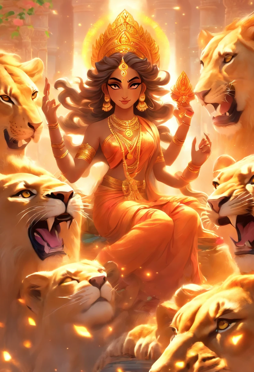 (((Hindu goddess))) best quality, ultra-high resolution, 4K detailed CG, master piece, Durga, Indian woman, Hindu mythology, sitting on a lion, ((sitting on the lion) ) Hindu, aesthetic, beautiful, image centered on the screen