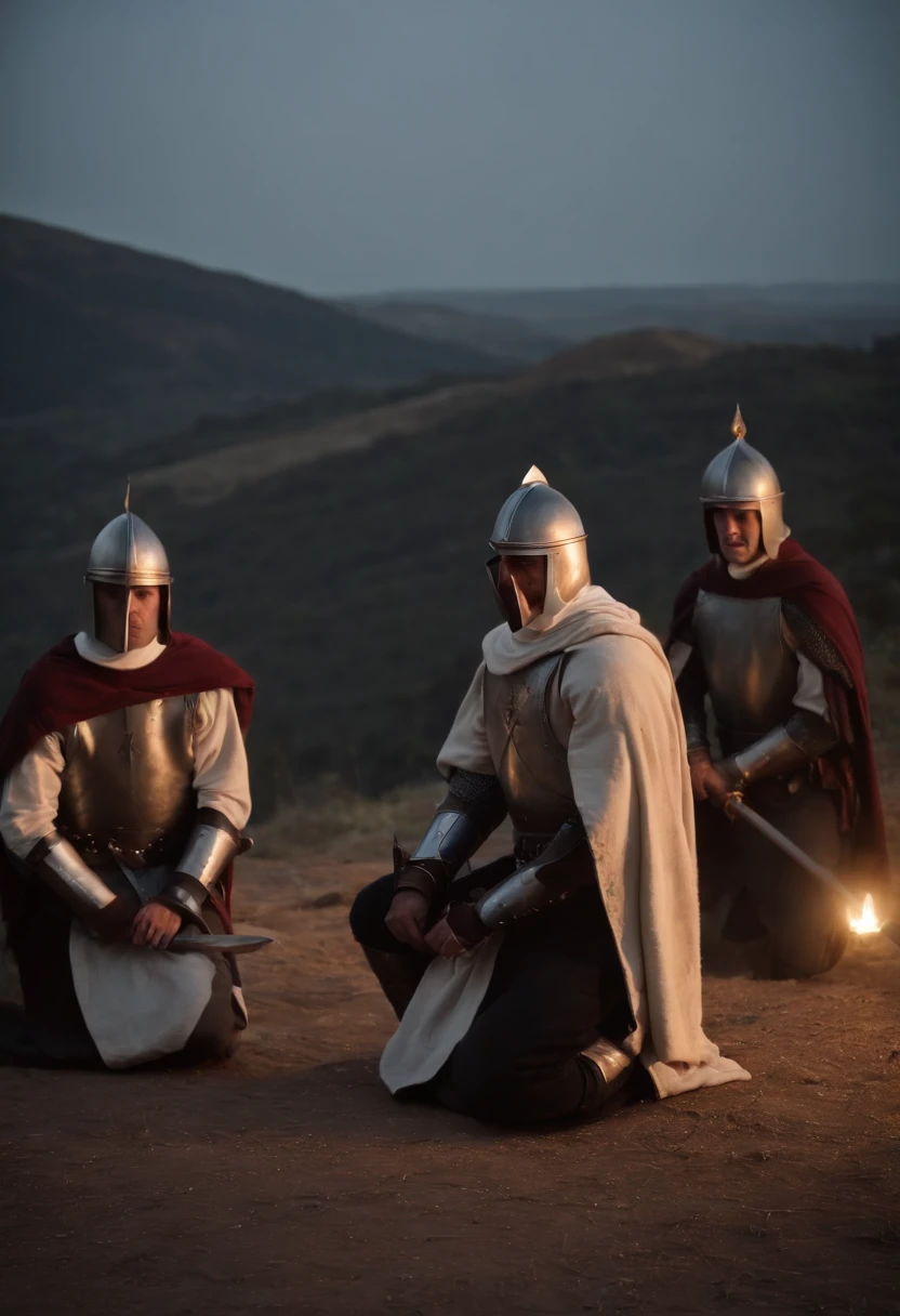 seven Templar Knights kneeling, with the tips of their swords on the ground and a Master Templar Knight with his sword raised on a hill at night