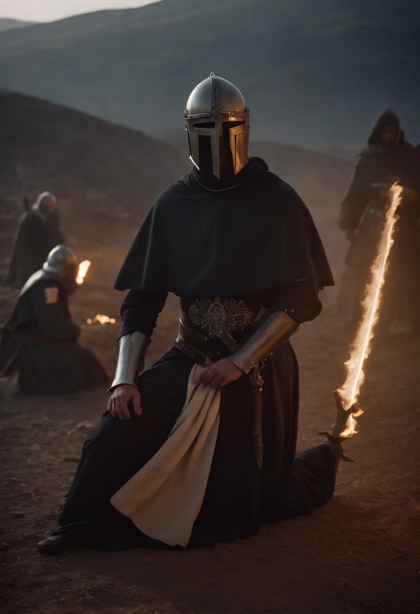 seven Templar Knights kneeling, with the tips of their swords on the ground and a Master Templar Knight with his sword raised on a hill at night