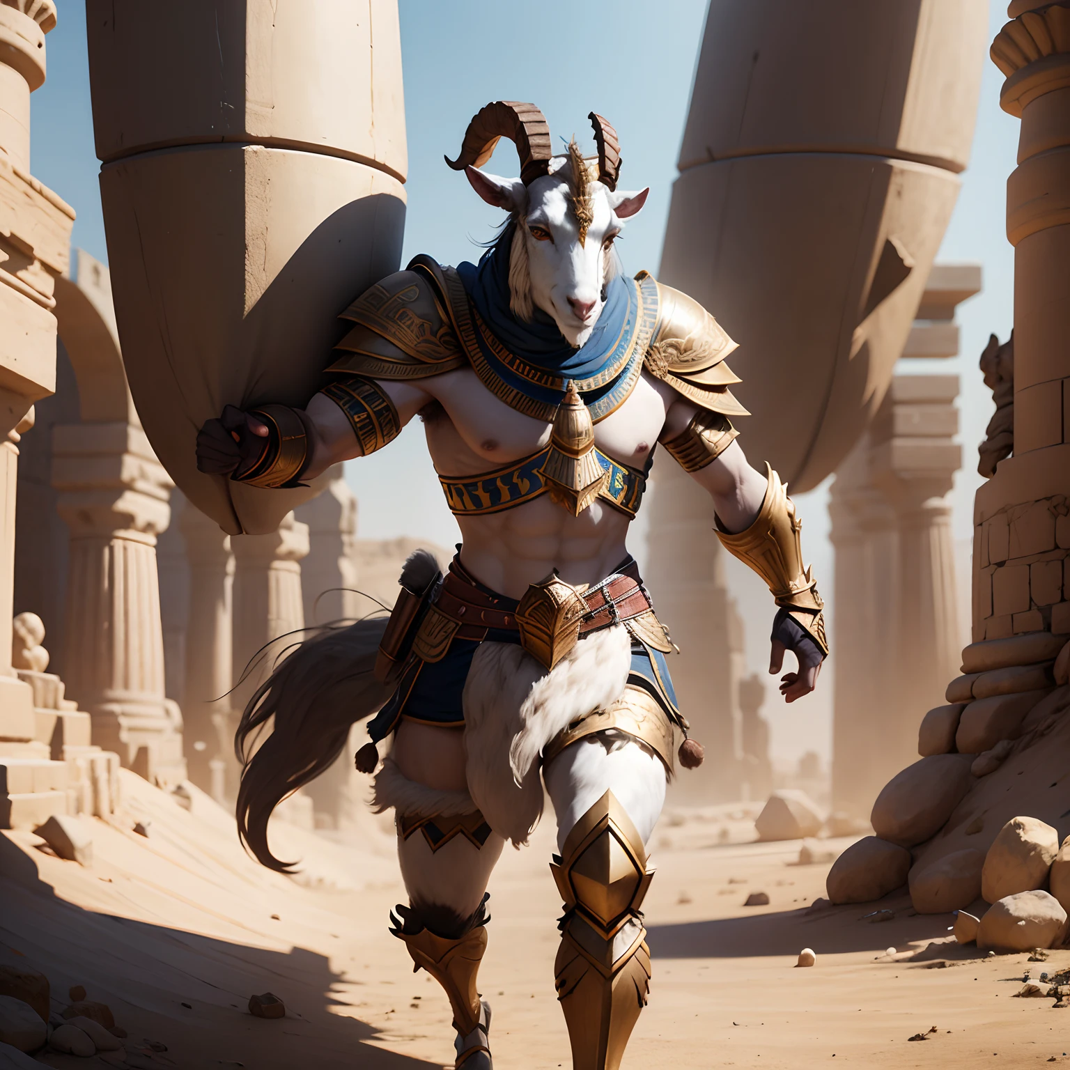 Egypt goat warrior in realistic 4K armor, full entire body,Super Detailed, Vray Display, Unrealistic engine, Midjourney Art Style.