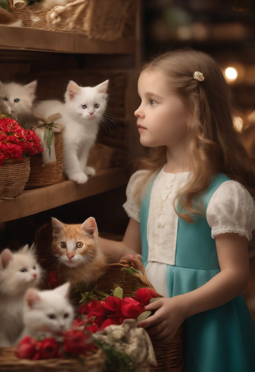 A  girl shopping，Around 10 yeaead is replaced by the head of a white kitten