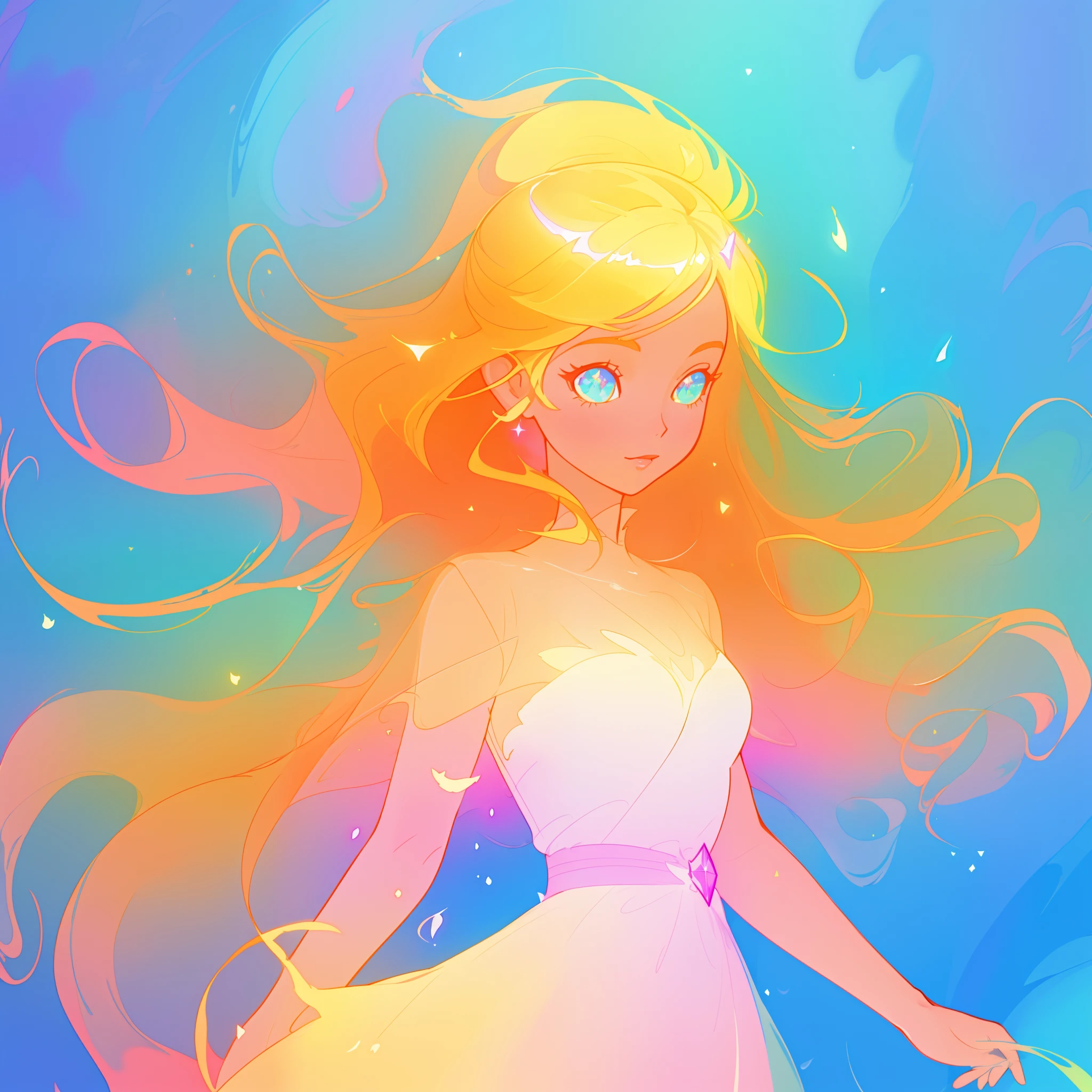beautiful anime girl in colorful liquid dress, vibrant pastel colors, (colorful), magical lights, long flowing colorful hair, sparkling lines of light, inspired by Glen Keane, inspired by Lois van Baarle, disney art style, by Lois van Baarle, glowing aura around her, by Glen Keane, jen bartel, glowing lights! digital painting, flowing glowing hair, glowing flowing hair, beautiful digital illustration, fantasia background, whimsical, magical, fantasy, beautiful face, ((masterpiece, best quality)), intricate details, highly detailed, sharp focus, 8k resolution, sparkling detailed eyes, liquid watercolor