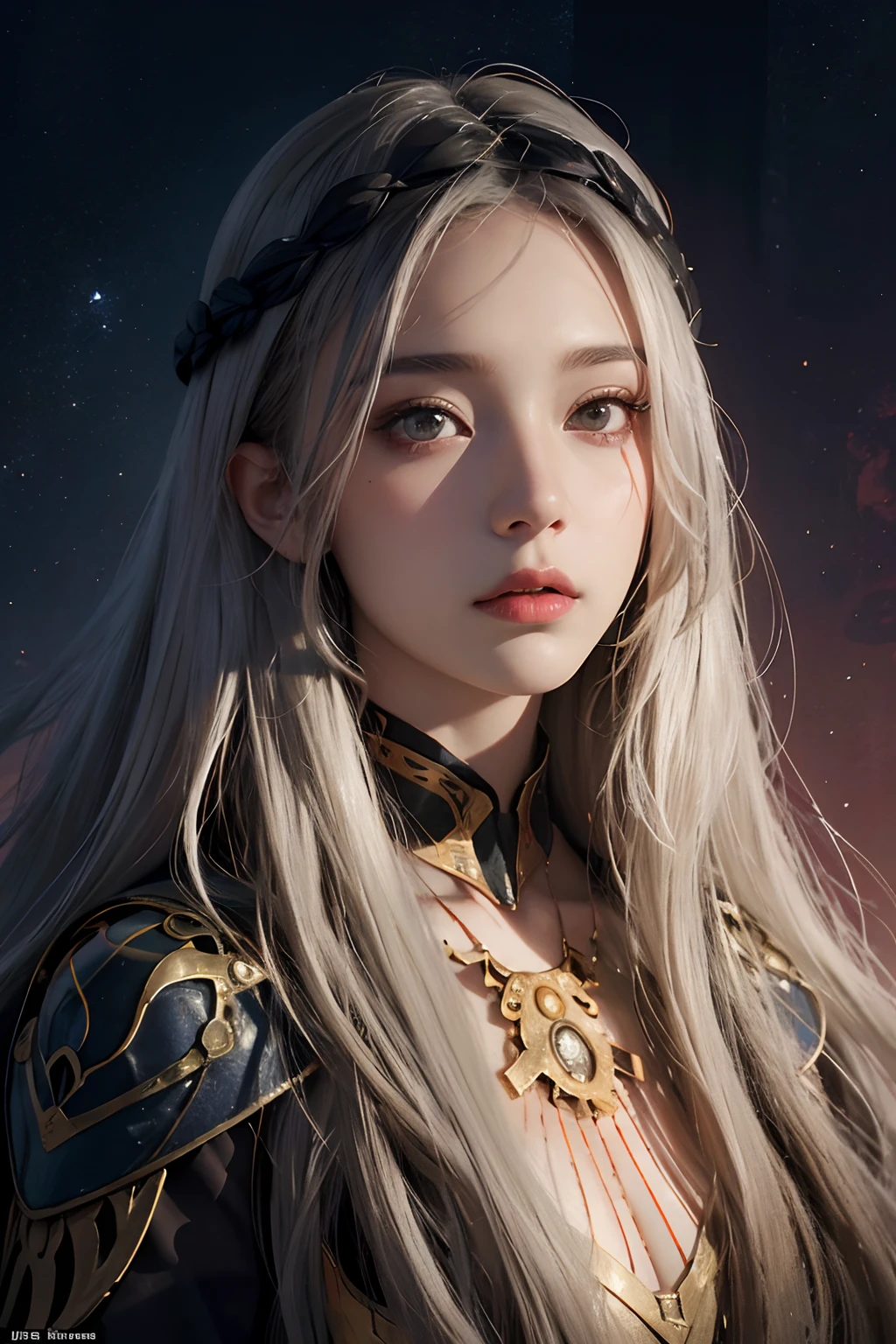 Surrealist portraits of women by David Hockney and Alphonse Mucha,Fantasyart,photographrealistic,动态照明,art stations,poster for,Volumetriclighting,extra detailed face,4 k,awardwinning,,1girl in,in the darkness nigth,Deep shading,low tune,Bare,Long grey hair,whaite hair,