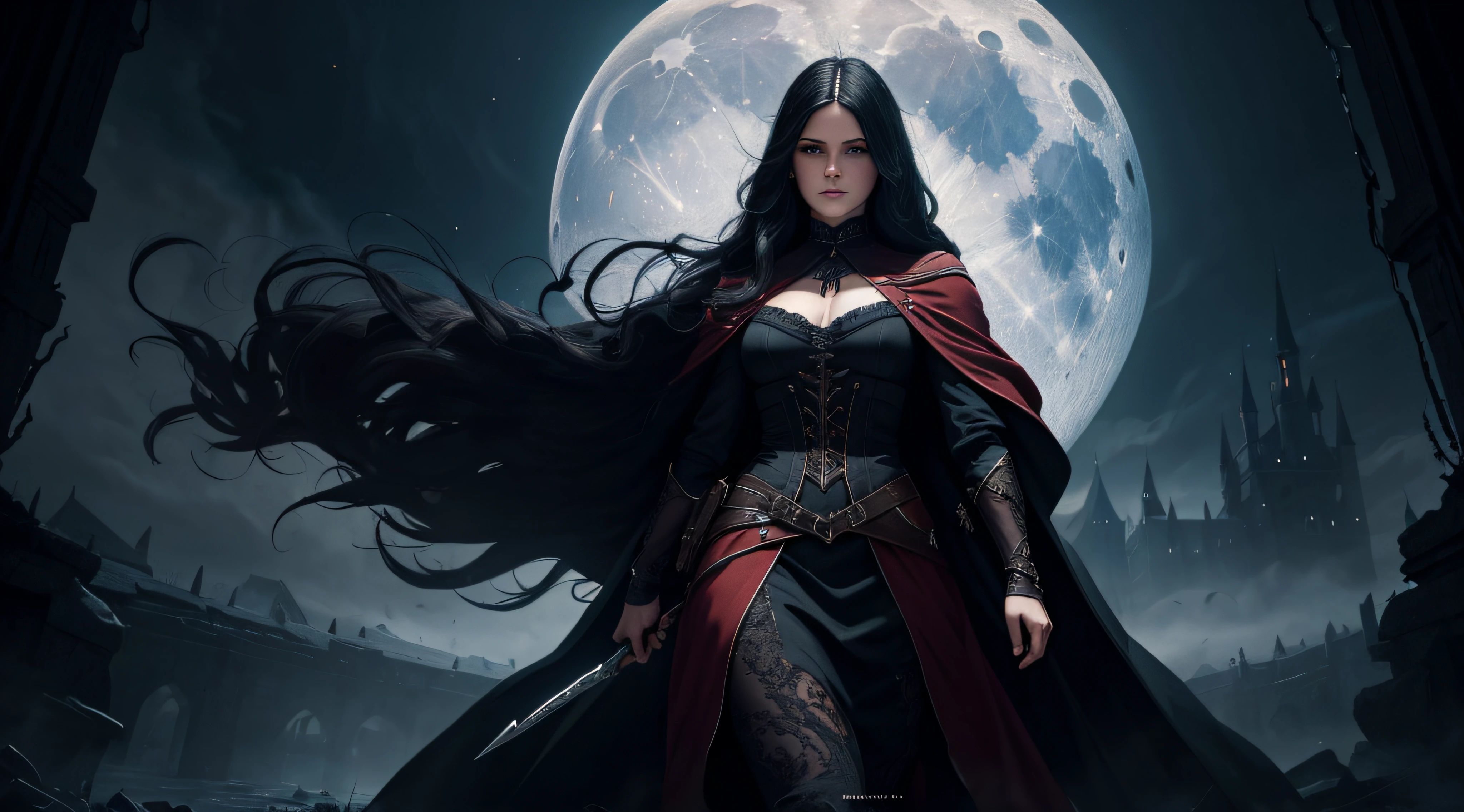 (best quality,4k,8k,highres,masterpiece:1.2),ultra-detailed,realistic,photorealistic:1.37,portraits,[Miriam],[girl,young woman,strong,mysterious:1.1],beautiful detailed eyes,beautiful detailed lips,[long black hair],[pale skin],red cloak,[demon-slaying weapon],[vivid colors],[elegant pose],[gothic atmosphere],[moonlit night],[castle silhouette],[shadows and highlights],[fine brushstrokes],[dramatic lighting],[ethereal beauty],[intense expression],[dynamic action],[dark fantasy],[haunting],concept artists