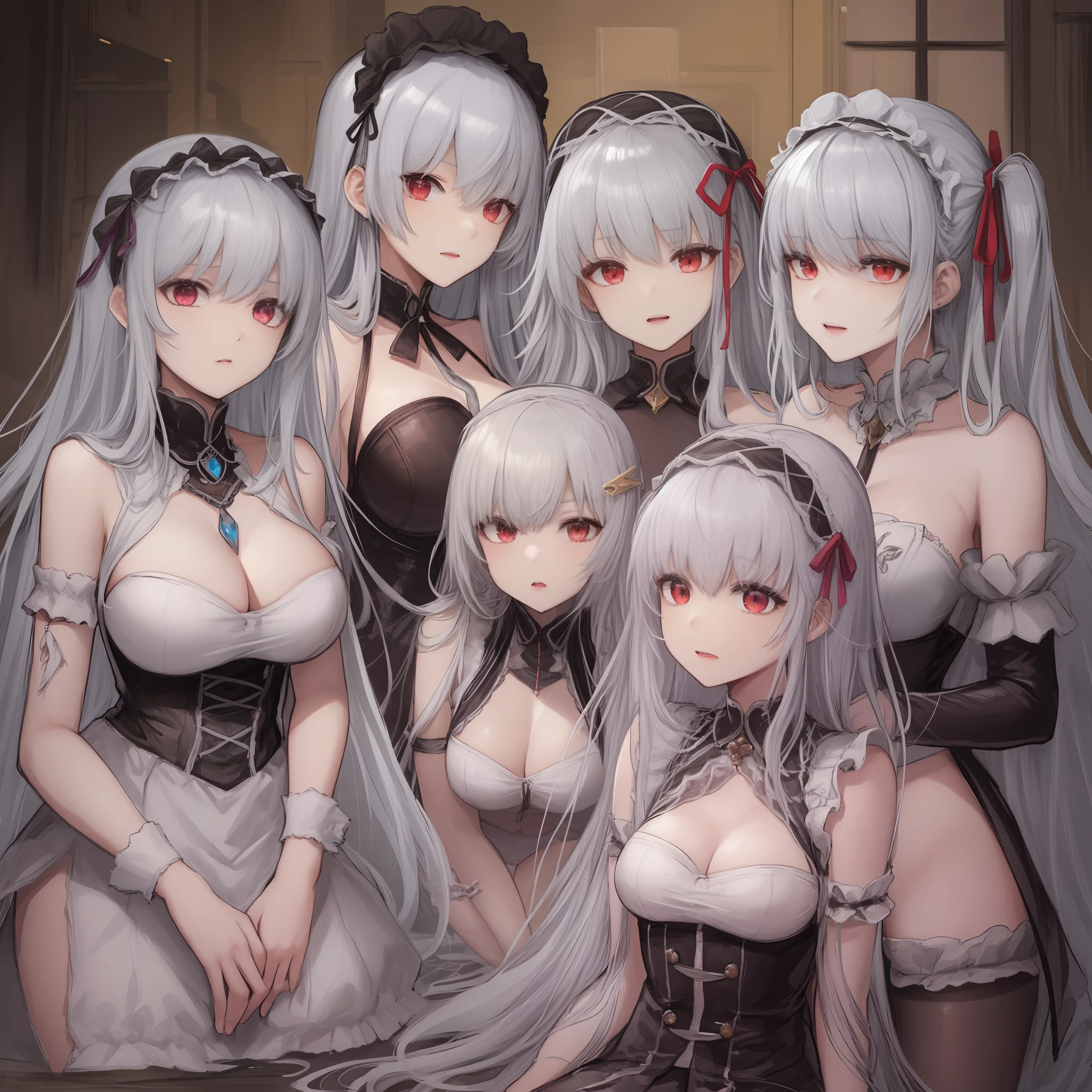 ((masterpiece)),((hightquality)),(((hight resolution))),((((Harem of a large group of girls with purplish-silver hair)))),,((((Body shape々Harem girl with purplish-silver hair)))),(((appearance々Harem girl with nice hairstyle and purplish-silver hair))),(((((((Hair color is only purplish silver hair))))))),(((twin tails of purplish silver color,))),(((Short-cut purplish-silver hair))),(((Long hair with purplish-silver hair))),(((Purplish silver twin drill hair))),(((Ponytail with purplish silver hair))),((( girl with purplish silver hair))),((Young girl with purplish silver hair)),((Adult older sister with purplish silver hair)),((((Costumes different from the original)))),((((Hairstyle different from the original)))),(((Proportions different from the original))),((((Sexy fluffy distorted underwear in maid clothes style)))),((Fate))((Fate Grand Order)),((Kama)),((Ribbon hair ornament on purplish-silver hair head)),(((Glowing red eyes))),(((Attractive look on this side))),
