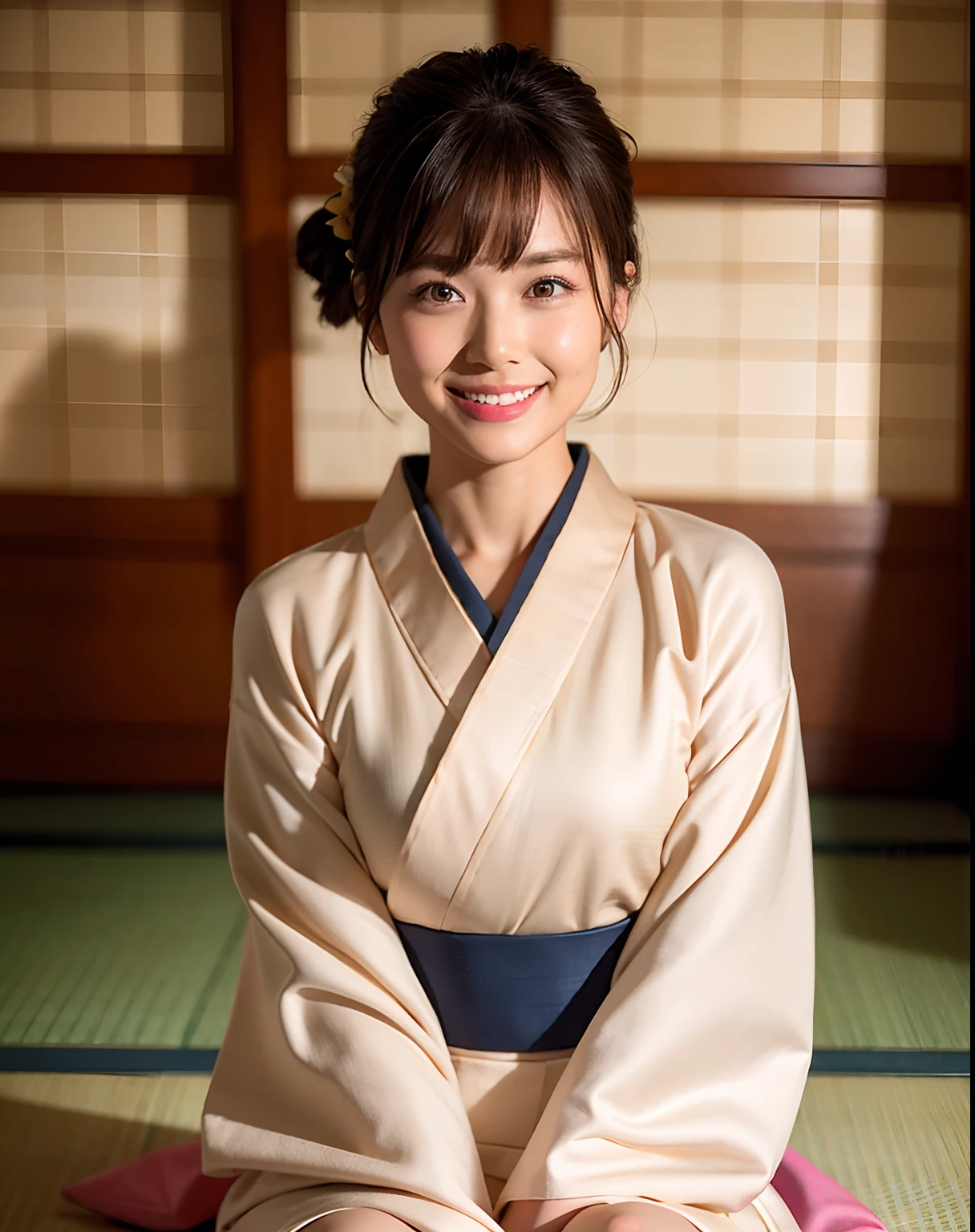 best quality, face focus, soft light, (depth of field) ,ultra high res, (photorealistic:1.4), RAW photo, portrait:1.4 ,(sit on tatami) ,Japanese-style room
1girl, solo, cute, shy, (smile:1.2), (brown eyes,catch light),  detailed beautiful skin, (dark_hair, short_hair, updo ), (checked long kimono:1.4), (small chest)