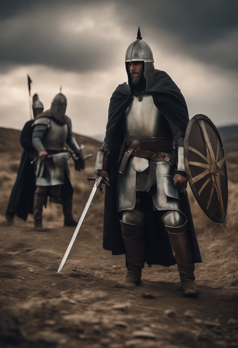 seven Templar Knights kneeling, with the tips of their swords on the ground and a Master Templar Knight with his sword raised on a hill at night