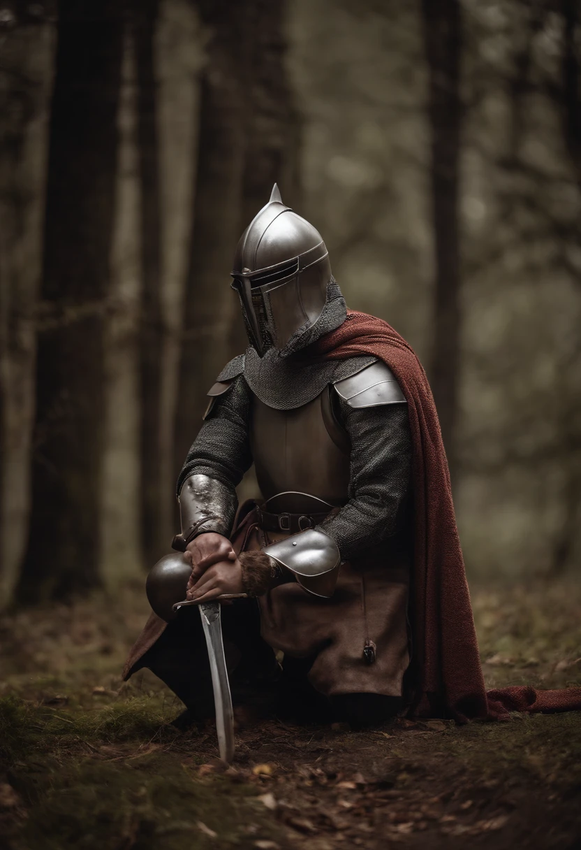 seven Templar Knights kneeling, with the tips of their swords on the ground and a Master Templar Knight with his sword raised on a hill at night