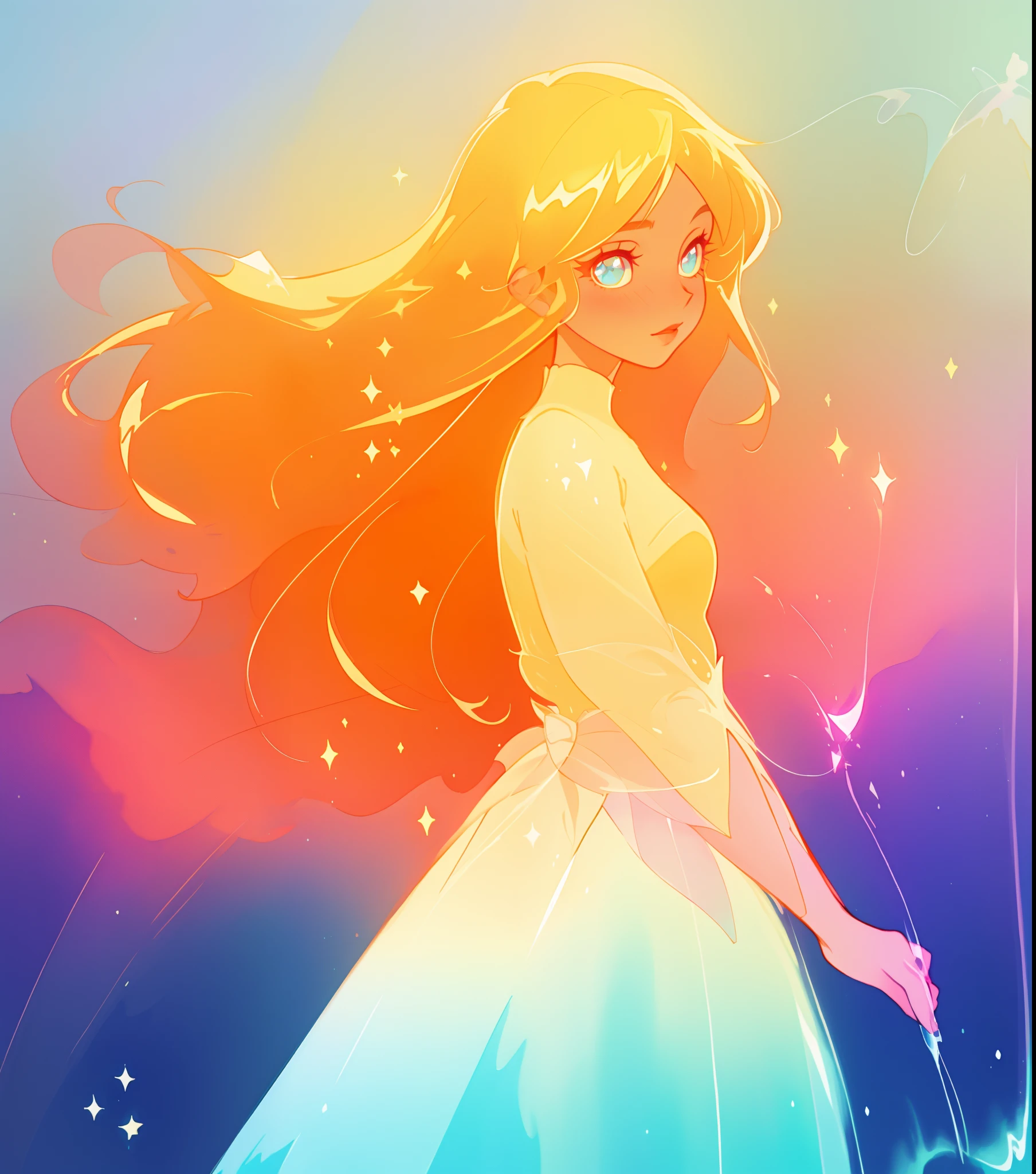 beautiful anime girl in colorful ballgown, vibrant pastel colors, (colorful), magical lights, sparkling liquid light, inspired by Glen Keane, inspired by Lois van Baarle, disney art style, by Lois van Baarle, glowing aura around her, by Glen Keane, jen bartel, glowing lights! digital painting, flowing glowing hair, glowing flowing hair, beautiful digital illustration, fantasia background, whimsical, magical, fantasy, beautiful face, ((masterpiece, best quality)), intricate details, highly detailed, sharp focus, 8k resolution, sparkling detailed eyes, liquid watercolor