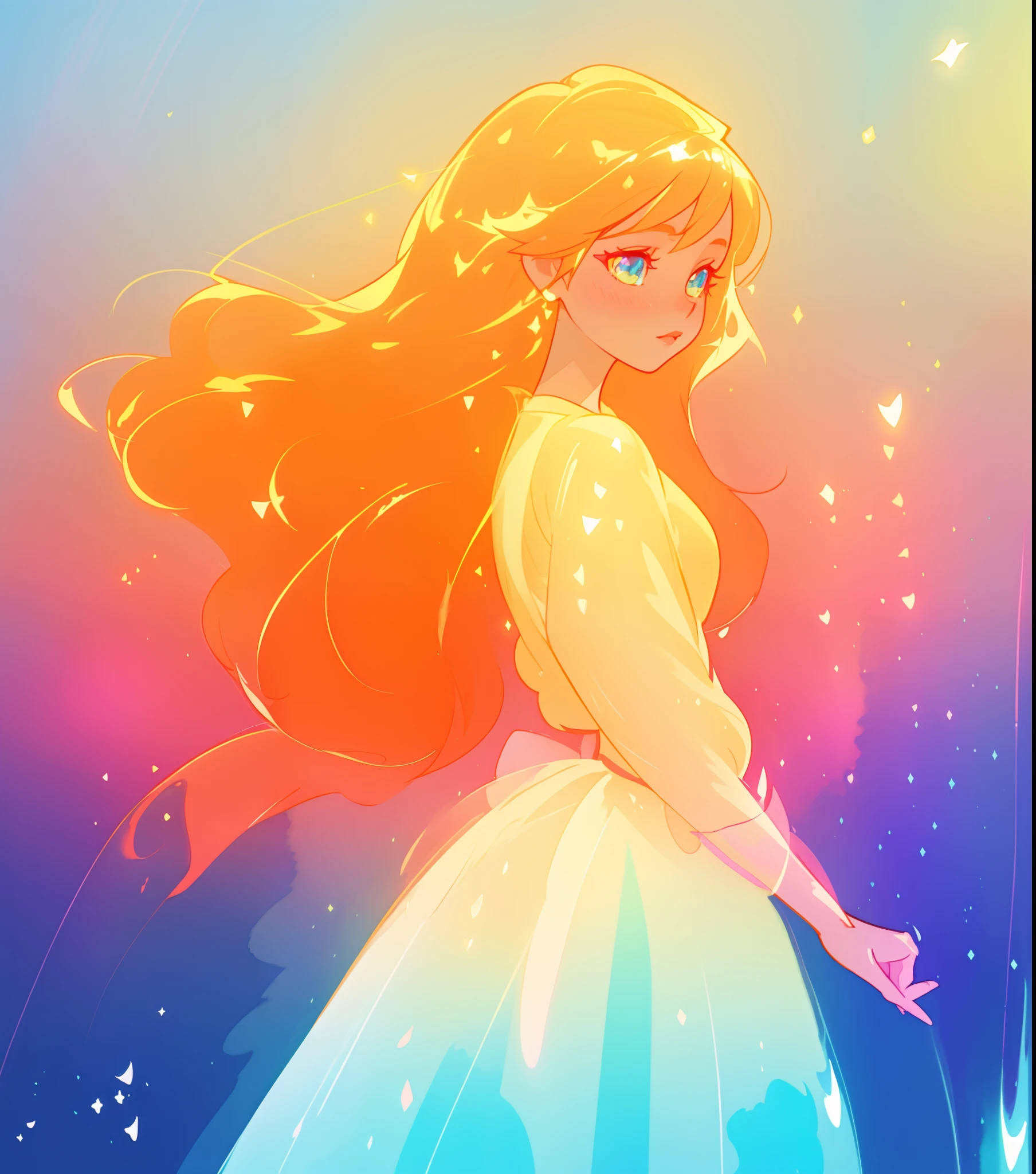 beautiful anime girl in colorful ballgown, vibrant pastel colors, (colorful), magical lights, sparkling liquid light, inspired by Glen Keane, inspired by Lois van Baarle, disney art style, by Lois van Baarle, glowing aura around her, by Glen Keane, jen bartel, glowing lights! digital painting, flowing glowing hair, glowing flowing hair, beautiful digital illustration, fantasia background, whimsical, magical, fantasy, beautiful face, ((masterpiece, best quality)), intricate details, highly detailed, sharp focus, 8k resolution, sparkling detailed eyes, liquid watercolor