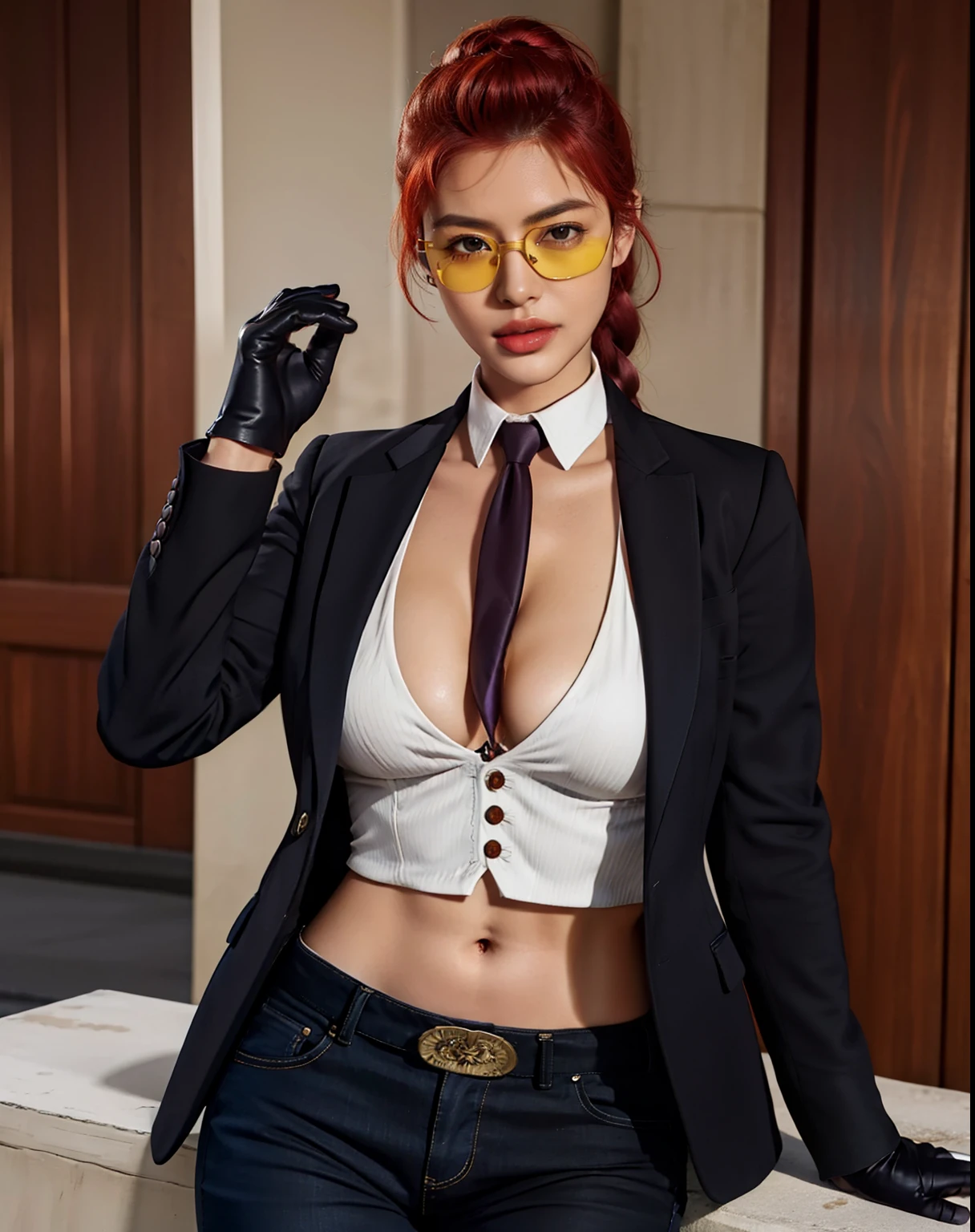 (masterpiece, best quality, high resolution),cowboy shot, 1girl, close up photo of cviperms, breasts, sunglasses, necktie, gloves, necktie between breasts, cleavage, crop top, midriff, tinted eyewear, pants,huge breasts, seductive, tanned skin, sexy, shiny skin, red hair, 1girl, mature female, pov, biting lip, highres, looking at viewer, masterpiece,