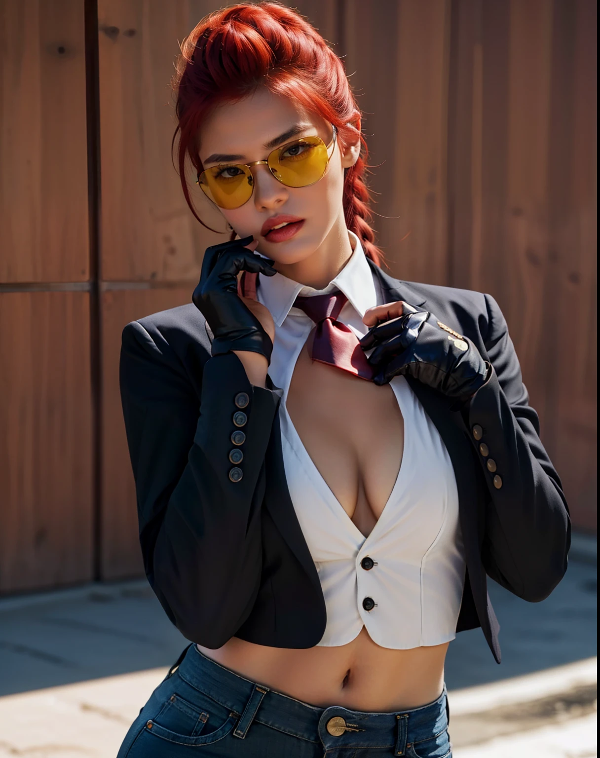 (masterpiece, best quality, high resolution),cowboy shot, 1girl, close up photo of cviperms, breasts, sunglasses, necktie, gloves, necktie between breasts, cleavage, crop top, midriff, tinted eyewear, pants,huge breasts, seductive, tanned skin, sexy, shiny skin, red hair, 1girl, mature female, pov, biting lip, highres, looking at viewer, masterpiece,