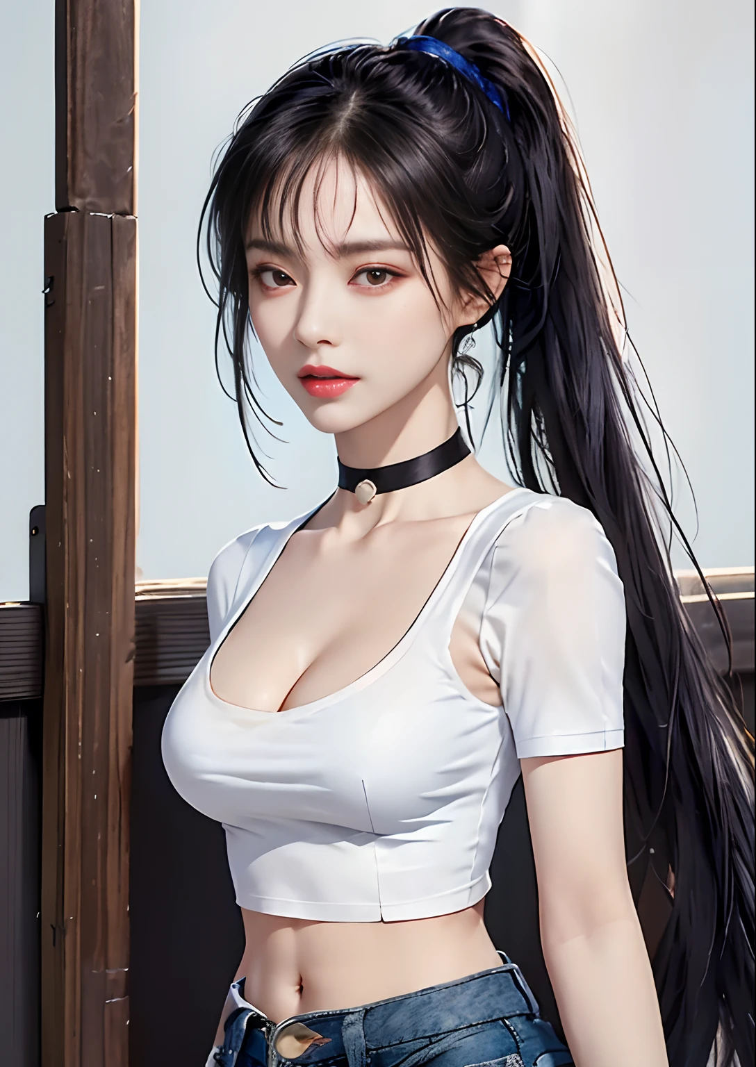 (masterpiece, best quality, 1girl, solo, intricate details, chromatic aberration), (realistic),(skin),1girl shizuku high ponytail, ((medium breath)),(black hair,blunt bangs),detailed hair, red head ornament, blue highlights, hair over one eye,red eyes, sharp eyes, choker,((black crop top cleavage cutout )),jeans,(symmetry eyes),(perfect symmetrical body), night,(((natural light))),backlighting,against grey  wall, dim lighting ,standing,(look at viewer),((centered shot, from front,(face and waist))),