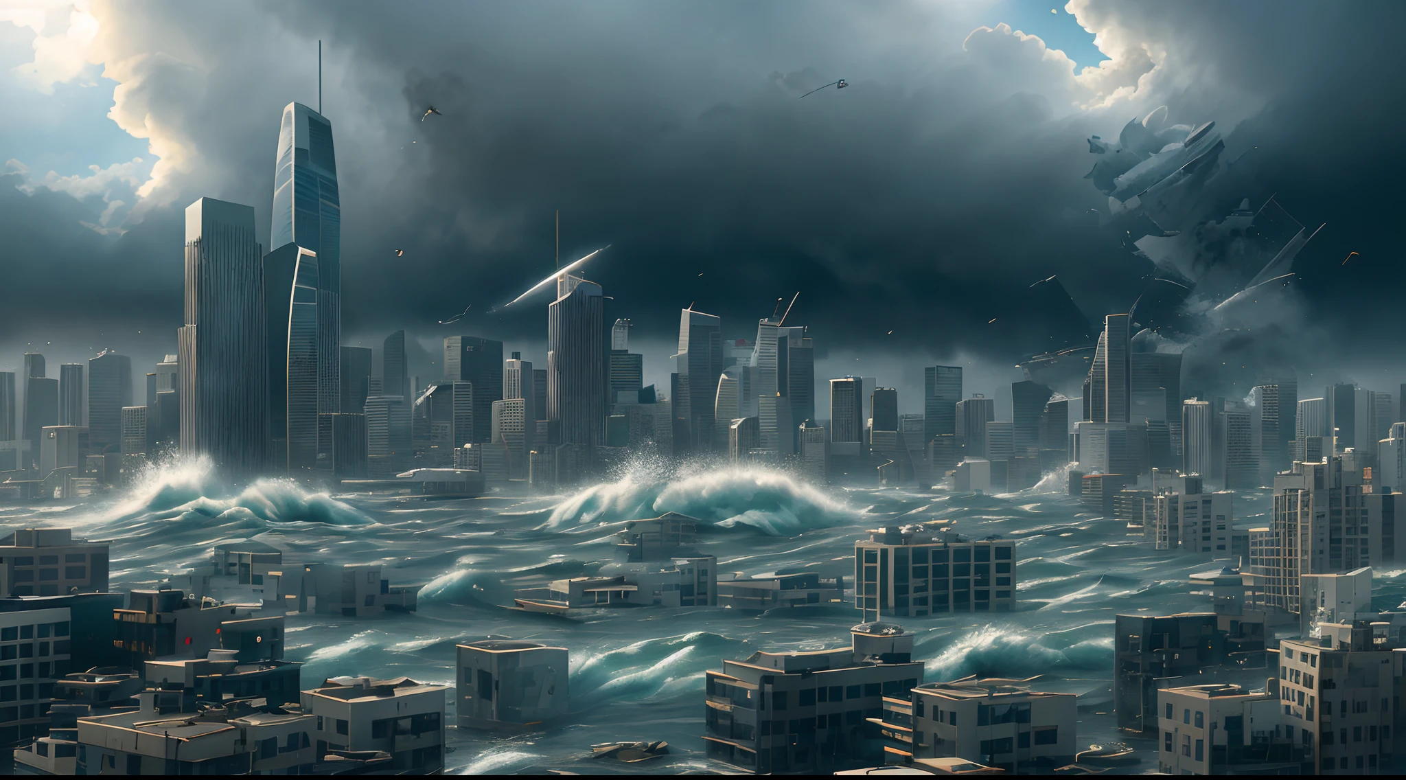 Create a cinematic cityscape,A towering tsunami hits the city skyline. The lens must capture the absolute and destructive force of the wave, The building in the foreground is partially submerged, flying debris, Eta、The feeling that disaster is imminent. Nikon D850 Long Lens Camera Angle EE 70mm Lens, Aim for high resolution, photo realistic render. Make sure the scene is more detailed, With HDR lighting, Eta、Convey a sense of urgency and confusion.