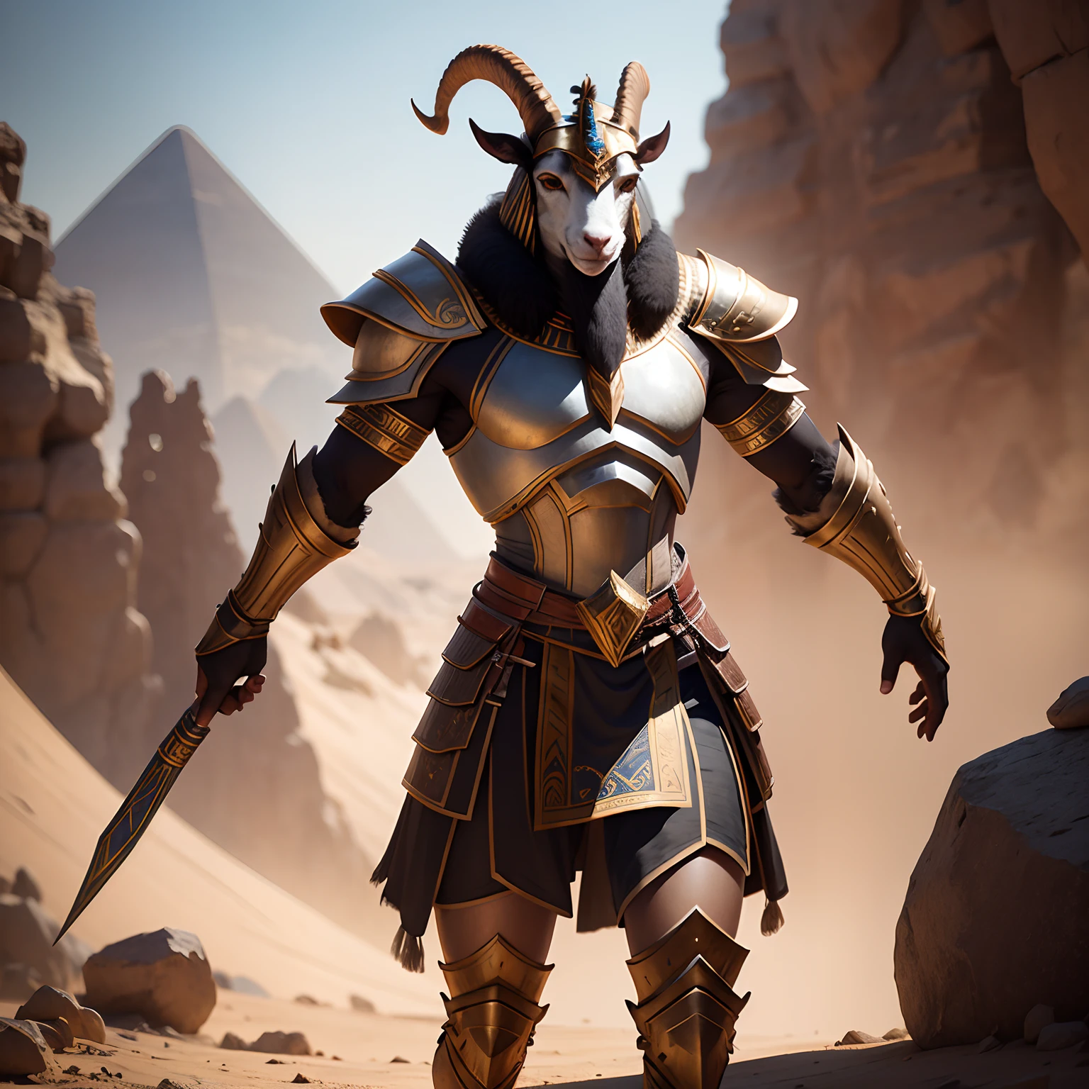 Egyptian goat warrior in realistic 4K rotot armor, full entire body,Super Detailed, Vray Display, Unrealistic engine, Midjourney Art Style.