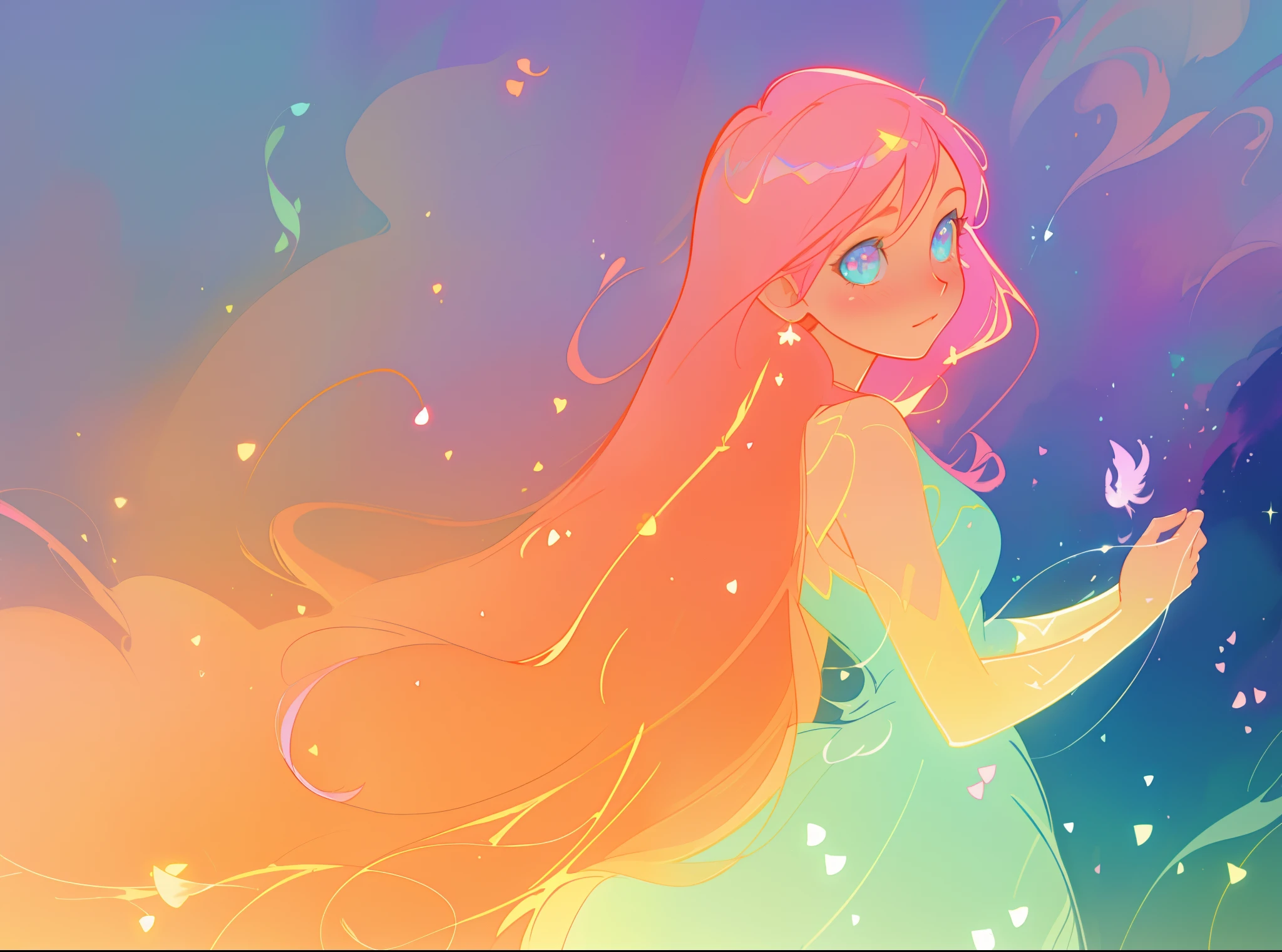 beautiful anime girl, vibrant pastel colors, (colorful), magical lights, long flowing colorful hair, inspired by Glen Keane, inspired by Lois van Baarle, disney art style, by Lois van Baarle, glowing aura around her, by Glen Keane, jen bartel, glowing lights! digital painting, flowing glowing hair, glowing flowing hair, beautiful digital illustration, fantasia background, whimsical, magical, fantasy, beautiful face, ((masterpiece, best quality)), intricate details, highly detailed, sharp focus, 8k resolution, sparkling detailed eyes, liquid watercolor