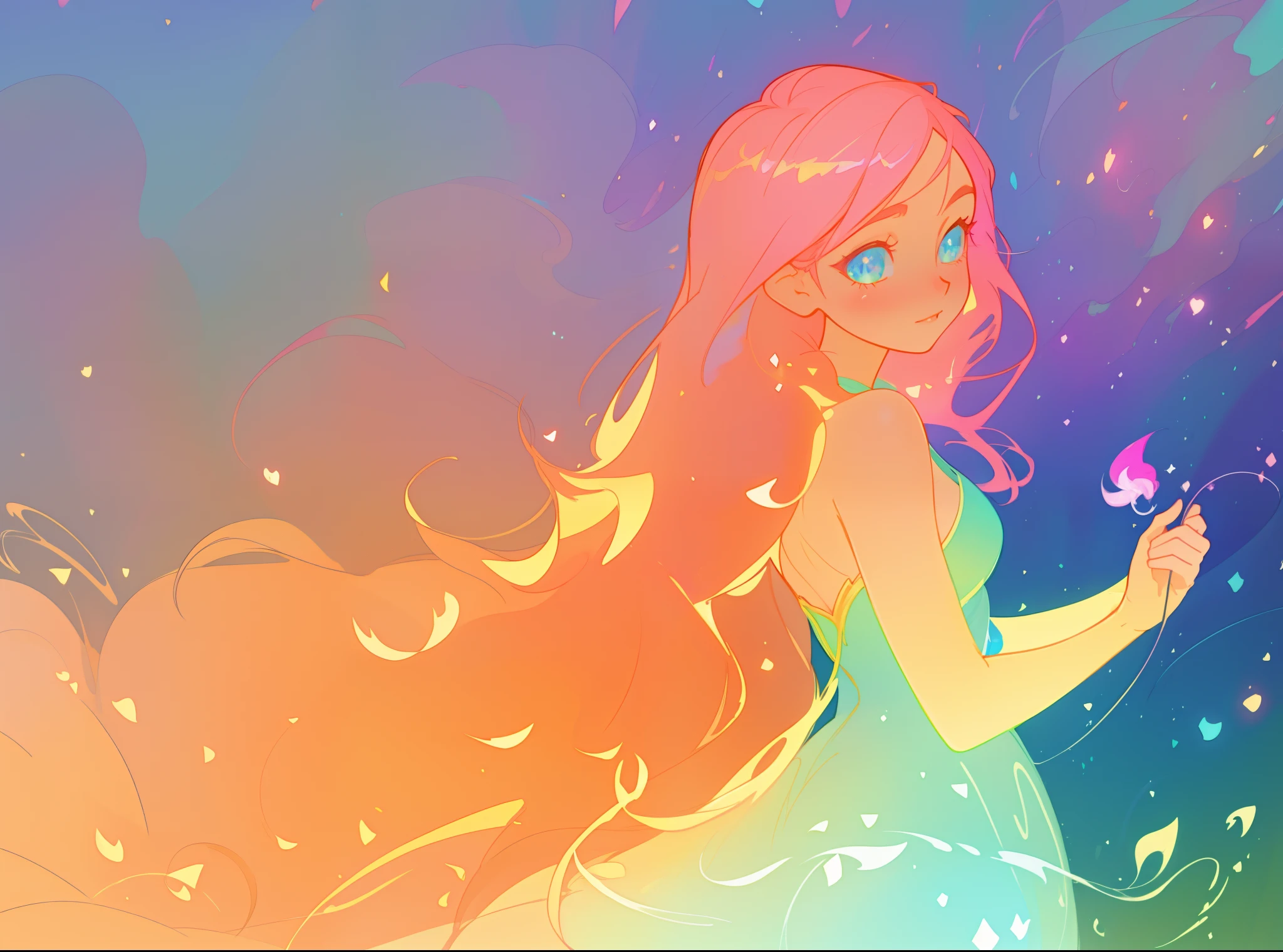 beautiful anime girl, vibrant pastel colors, (colorful), magical lights, long flowing colorful hair, inspired by Glen Keane, inspired by Lois van Baarle, disney art style, by Lois van Baarle, glowing aura around her, by Glen Keane, jen bartel, glowing lights! digital painting, flowing glowing hair, glowing flowing hair, beautiful digital illustration, fantasia background, whimsical, magical, fantasy, beautiful face, ((masterpiece, best quality)), intricate details, highly detailed, sharp focus, 8k resolution, sparkling detailed eyes, liquid watercolor