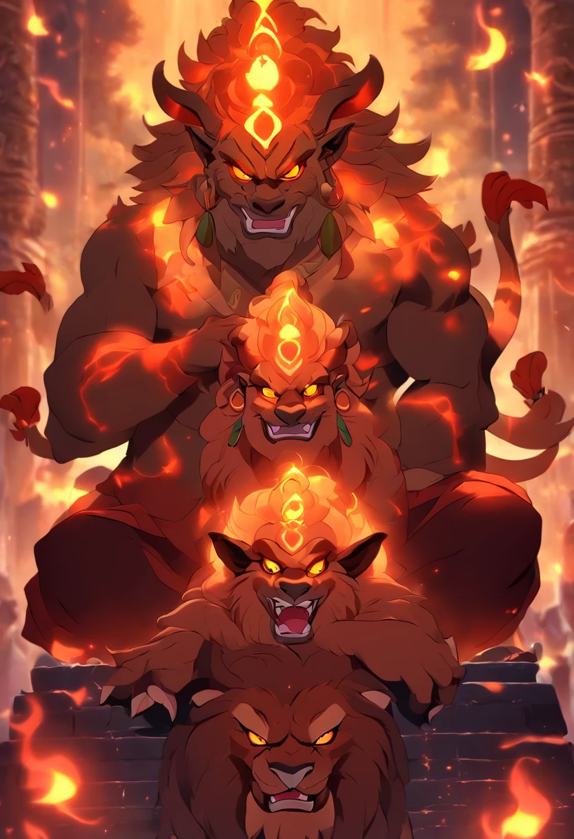 (((Hindu Demons))) best quality, ultra-high resolution, 4K detailed CG, master piece, Chanda and Munda, two demons, Hindu mythology, sitting on a lion, ((sitting on the lion) ) Hindu, aesthetic, beautiful , screen-centered image