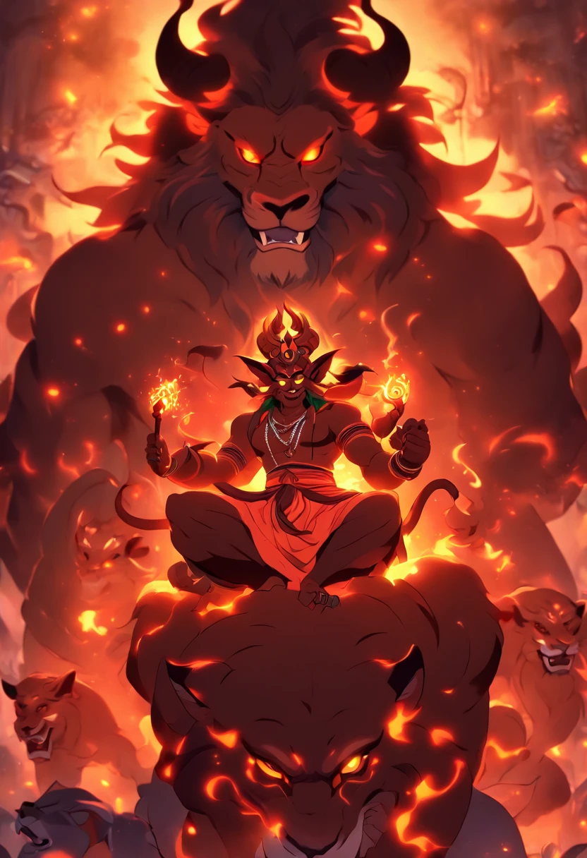 (((Hindu Demons))) best quality, ultra-high resolution, 4K detailed CG, master piece, Chanda and Munda, two demons, Hindu mythology, sitting on a lion, ((sitting on the lion) ) Hindu, aesthetic, beautiful , screen-centered image