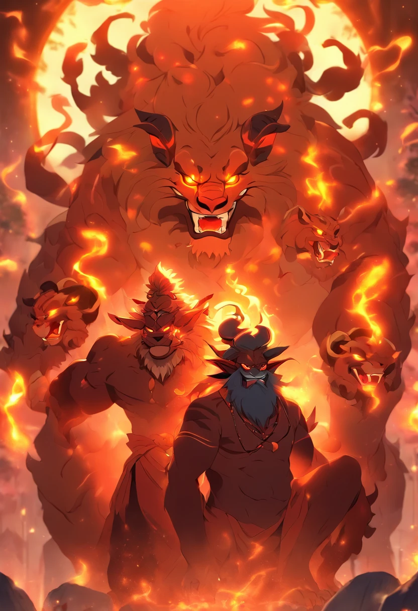 (((Hindu Demons))) best quality, ultra-high resolution, 4K detailed CG, master piece, Chanda and Munda, two demons, Hindu mythology, sitting on a lion, ((sitting on the lion) ) Hindu, aesthetic, beautiful , screen-centered image