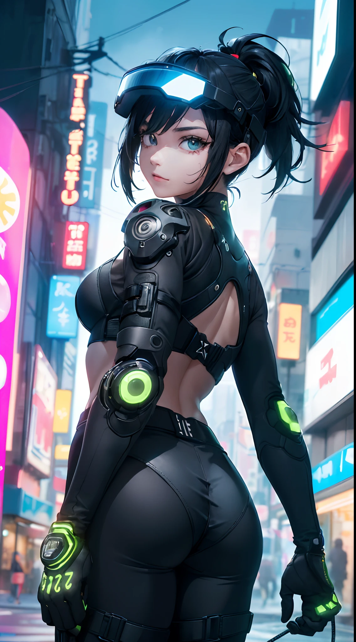 {{​masterpiece,Best Quality}}, top-quality, Delicate background,delicated face,Super delicate,Ultra-detailed CG Unity,8k wallpaper, lensflare, (colourfull:1.5),Back shot,Detailed beautiful eyes,a 20 yo woman,Bery short hair,tattoo,sending hair,Cool Face,((Black and blue hair)),glowing green and purple eyes,abdominals,Big piercings,heavy wind,Overjacket,damage jeans,cyberpunked,a hologram,green neon lights flying around,nighttime scene,Perfect human body structure,On top of the building,Sit on the steel frame,stare at the building,Shining Buildings,Cyberpunk City,From  above,from distance,