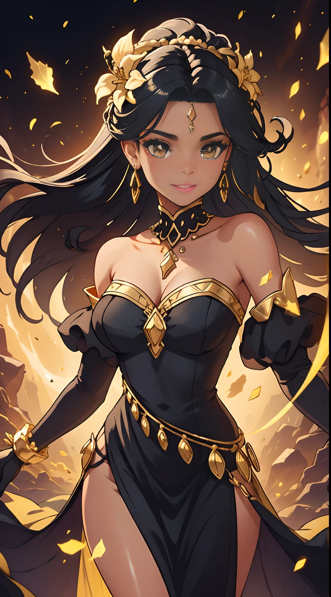 Jerbria, Angel Wings, Gorgeous woman, (photorealistic), backlit, black background, black dress, black gloves, black hair, smile, cowboy shot, dress, Earrings, flowing hair, Gloves, gold earrings, Gold hair band , hair flower, hair ornament, ((hair band)), jewelry, lights particles, long hair, viewer look, off-the-shoulder dress, off-the-shoulder, petals, side rock, alone, spike, dress beautiful, double-sided fabric, ((master piece))